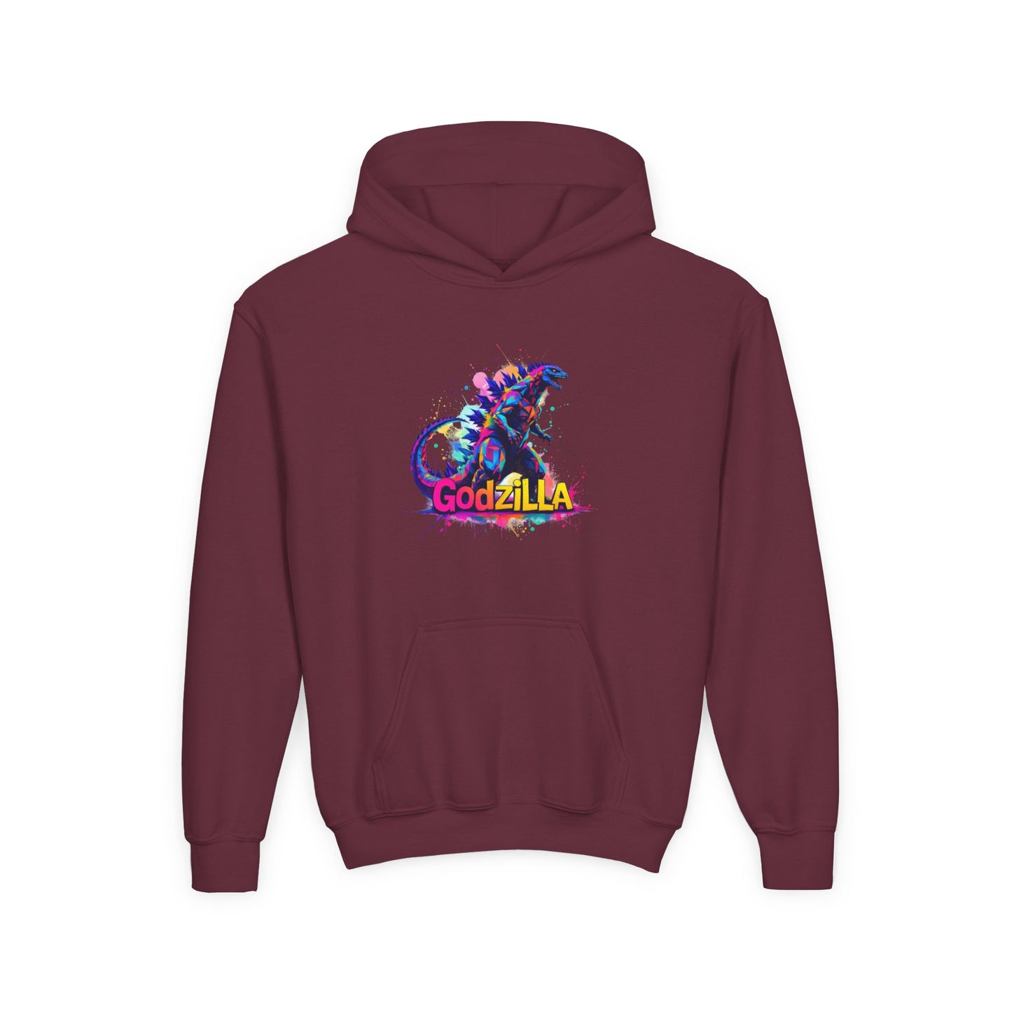 Godzilla Youth Heavy Blend Hooded Sweatshirt - Colorful Monster Design for Fans