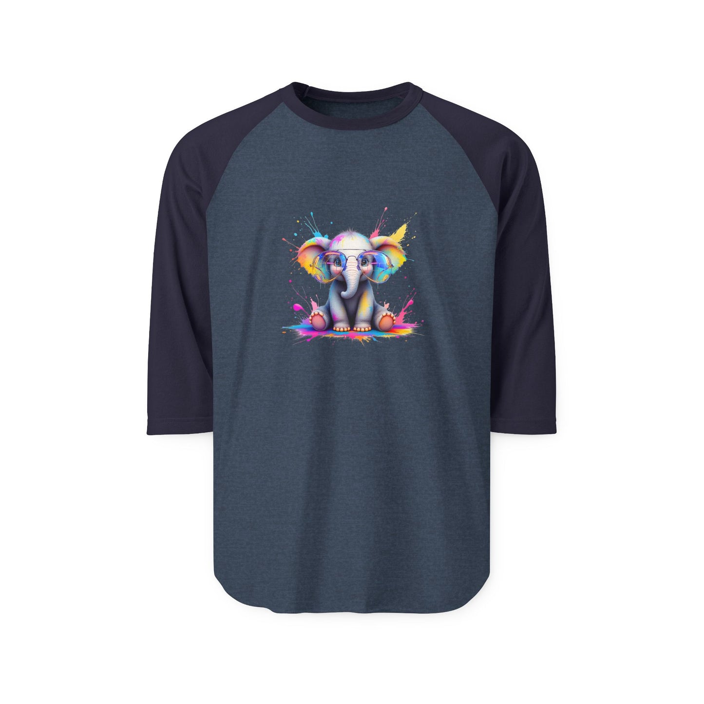 Colorful Elephant Graphic Unisex Three-Quarter Sleeve Raglan Shirt - Fun & Playful Apparel for Animal Lovers