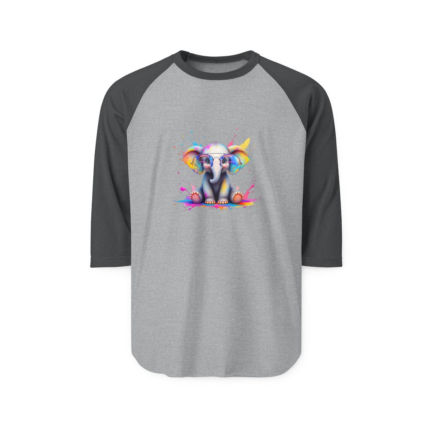 Colorful Elephant Graphic Unisex Three-Quarter Sleeve Raglan Shirt - Fun & Playful Apparel for Animal Lovers