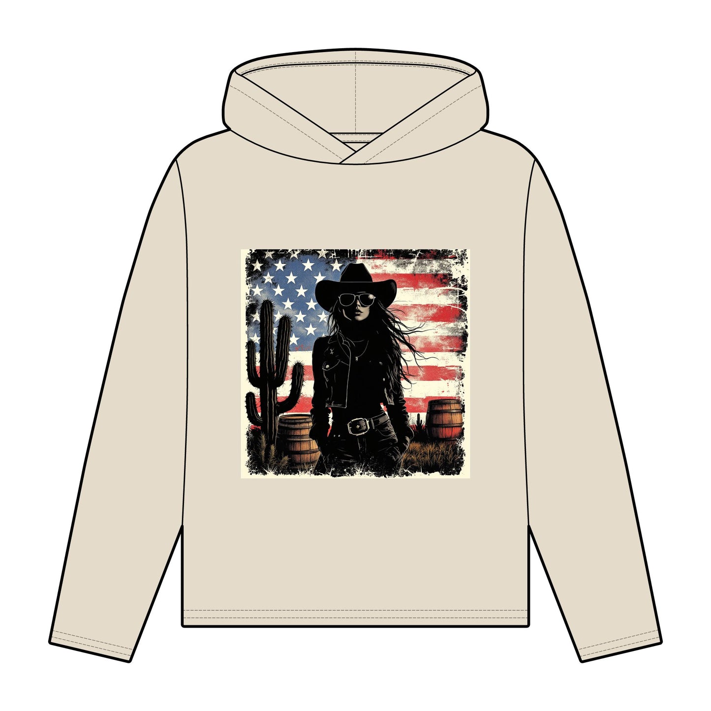 Women’s Organic Western Style Hoodie with Vintage American Flag Design