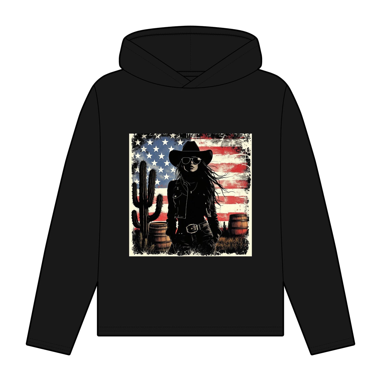Women’s Organic Western Style Hoodie with Vintage American Flag Design