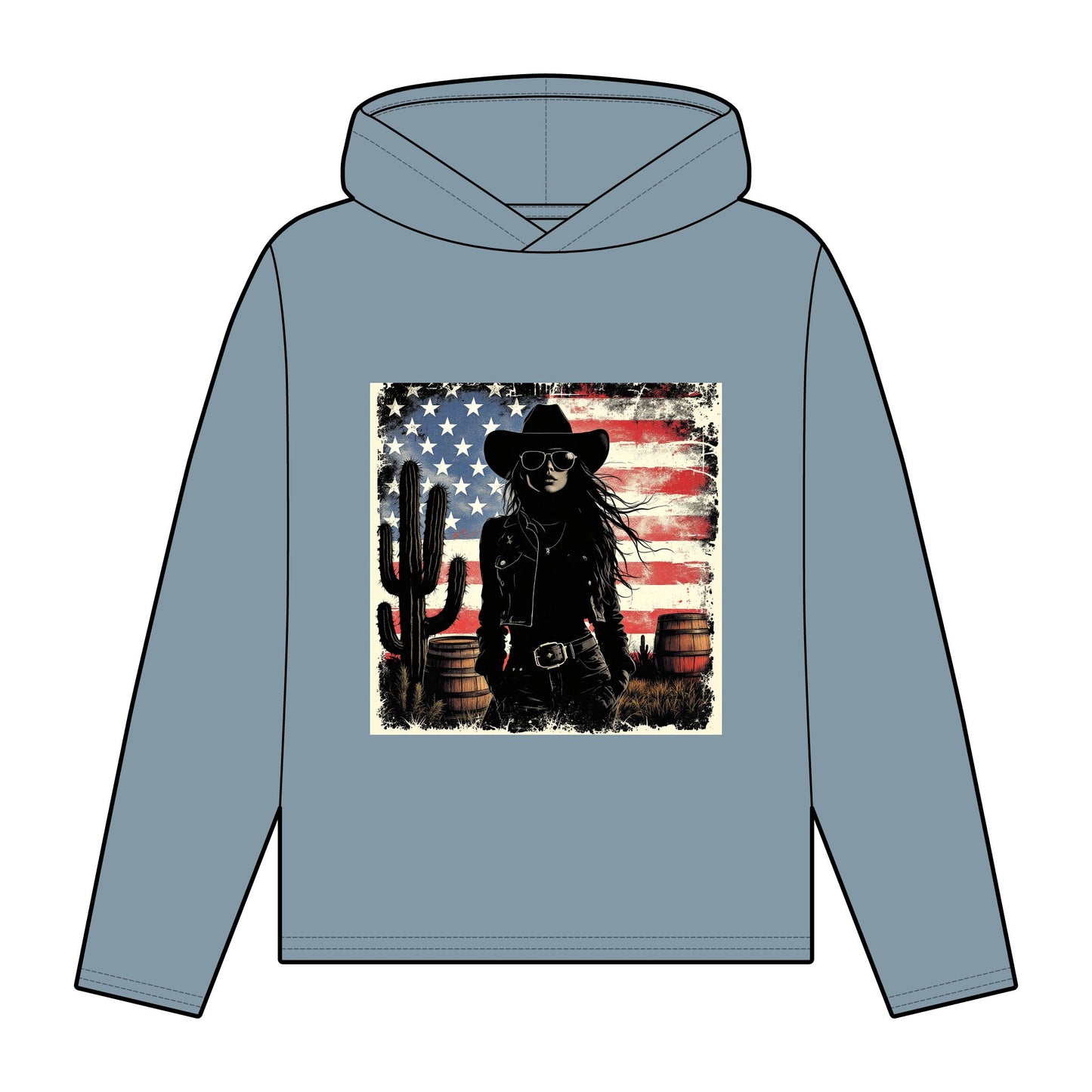 Women’s Organic Western Style Hoodie with Vintage American Flag Design