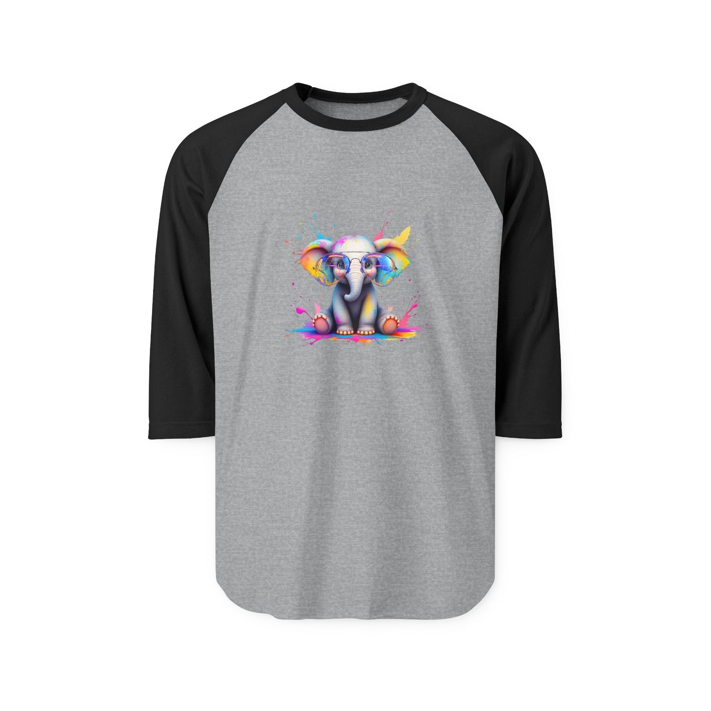 Colorful Elephant Graphic Unisex Three-Quarter Sleeve Raglan Shirt - Fun & Playful Apparel for Animal Lovers
