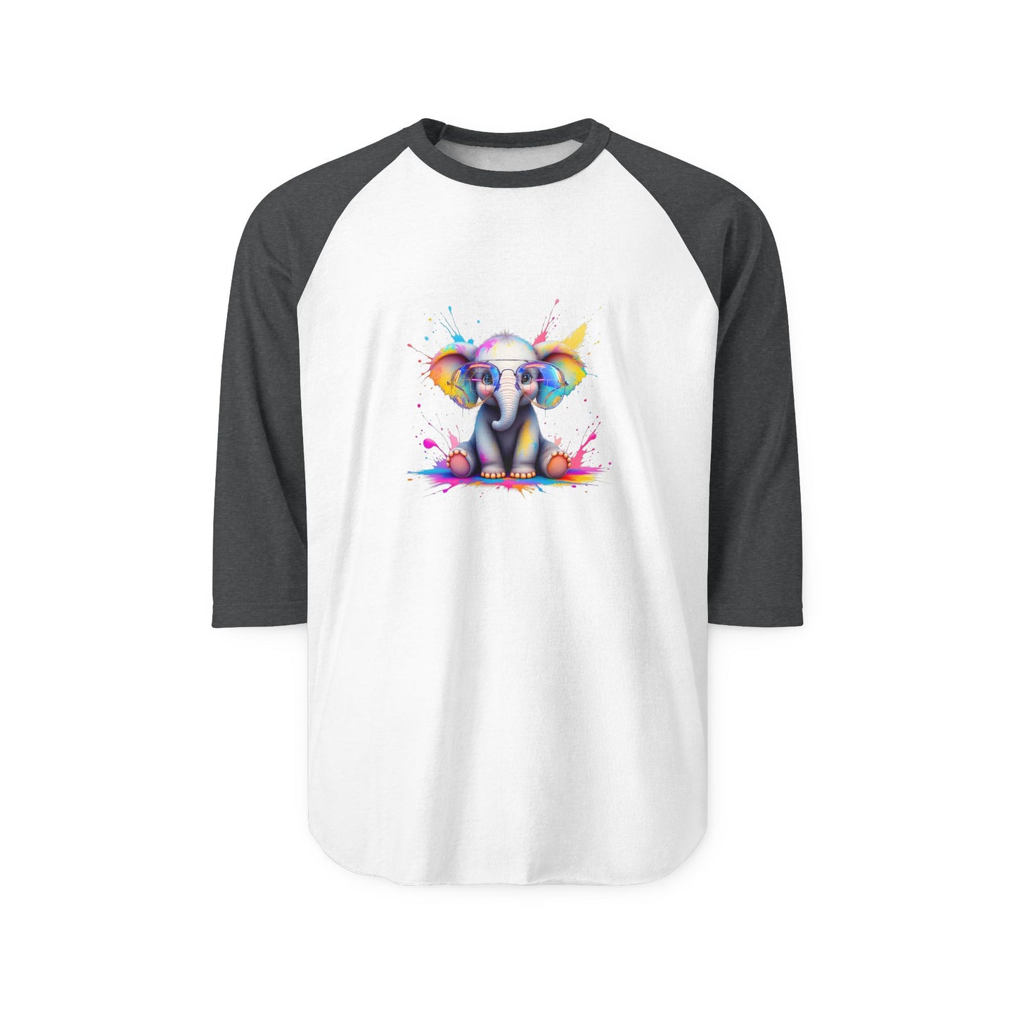 Colorful Elephant Graphic Unisex Three-Quarter Sleeve Raglan Shirt - Fun & Playful Apparel for Animal Lovers