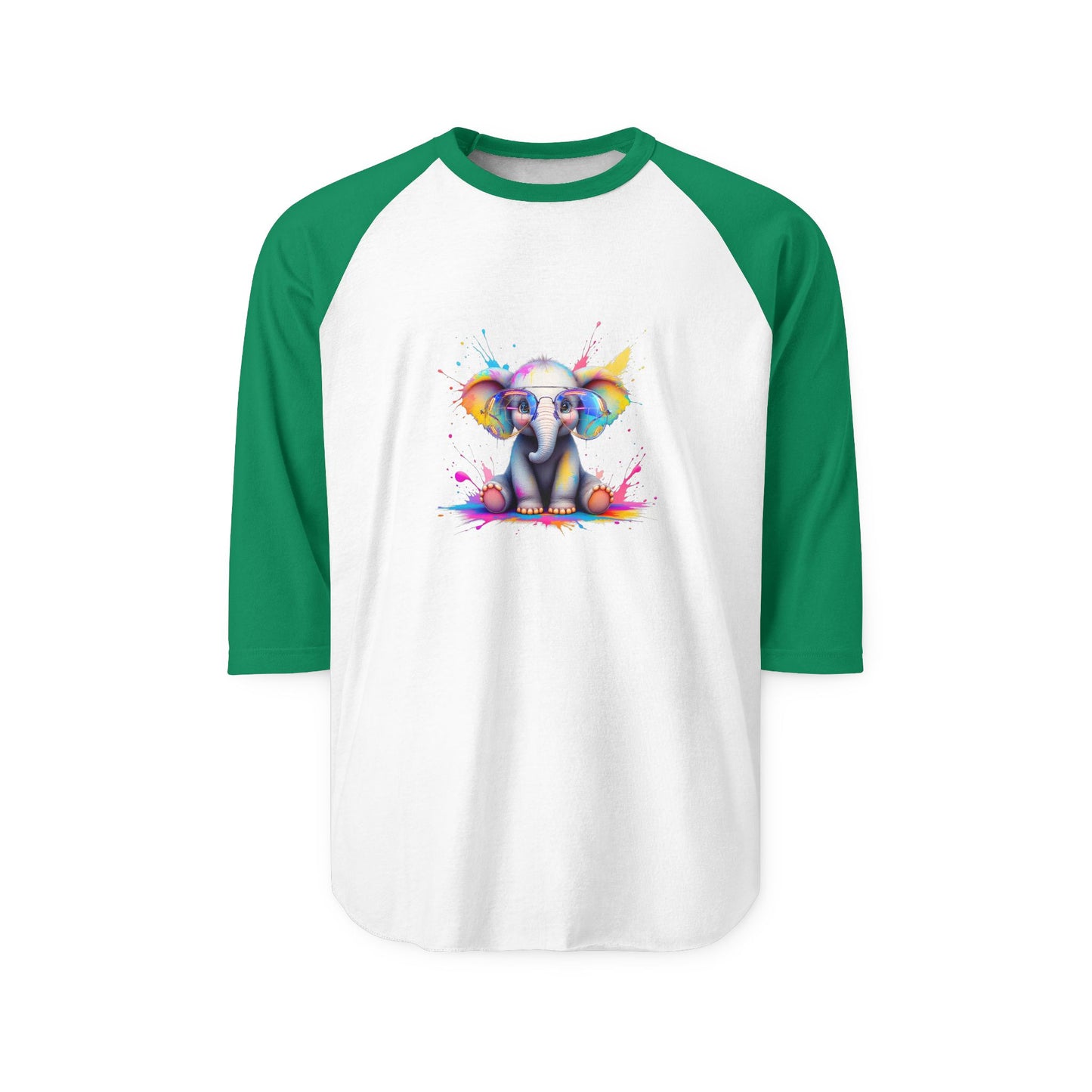 Colorful Elephant Graphic Unisex Three-Quarter Sleeve Raglan Shirt - Fun & Playful Apparel for Animal Lovers