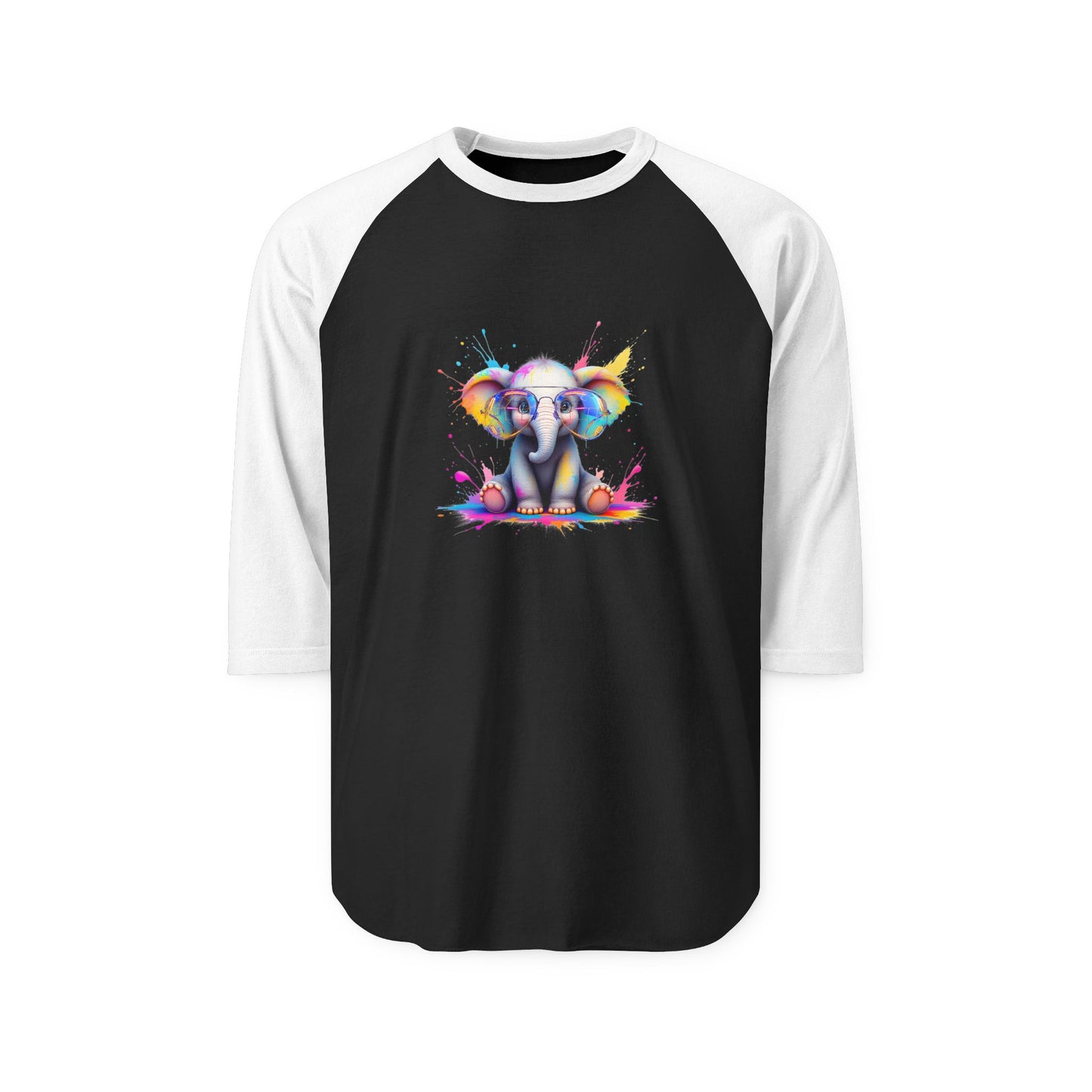 Colorful Elephant Graphic Unisex Three-Quarter Sleeve Raglan Shirt - Fun & Playful Apparel for Animal Lovers