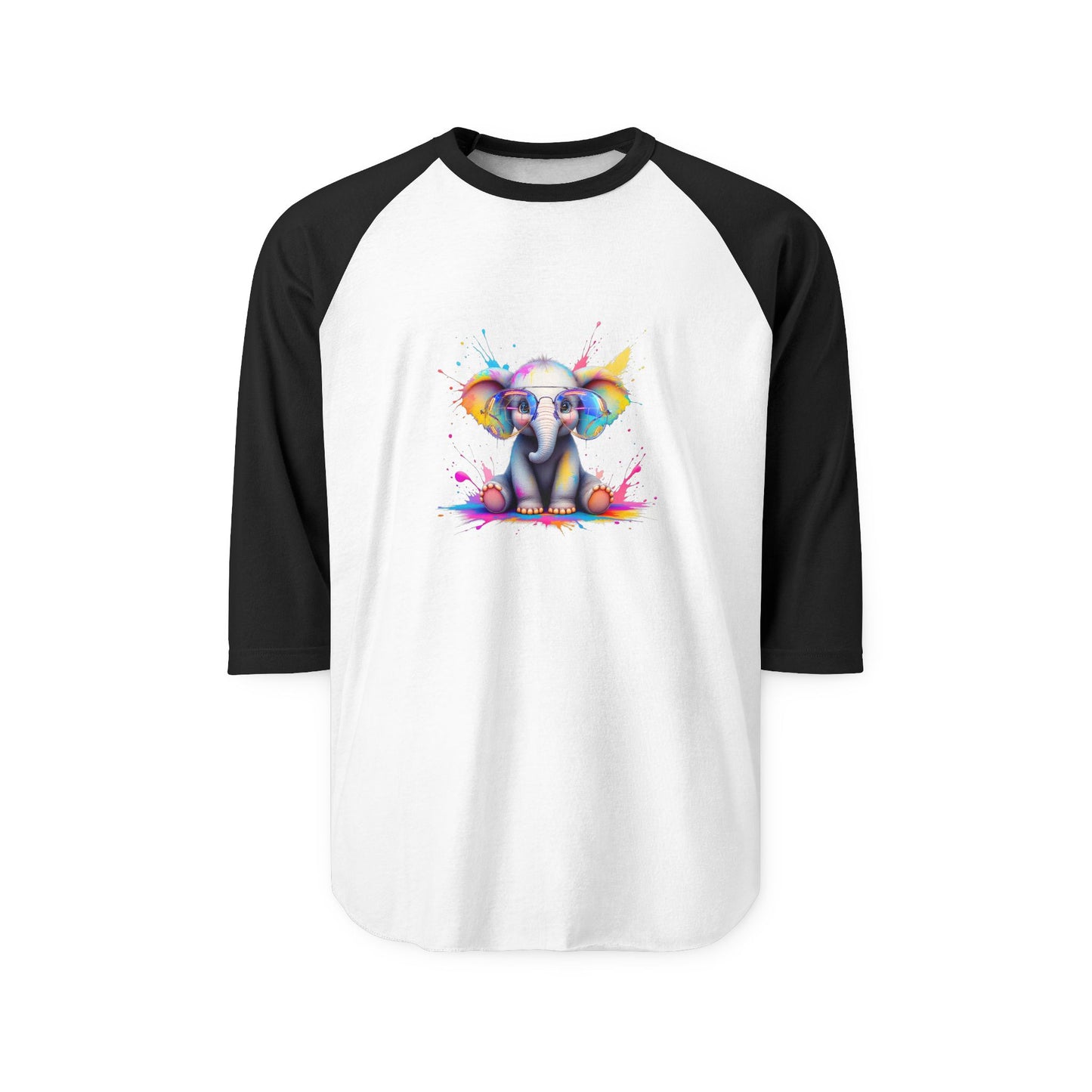 Colorful Elephant Graphic Unisex Three-Quarter Sleeve Raglan Shirt - Fun & Playful Apparel for Animal Lovers