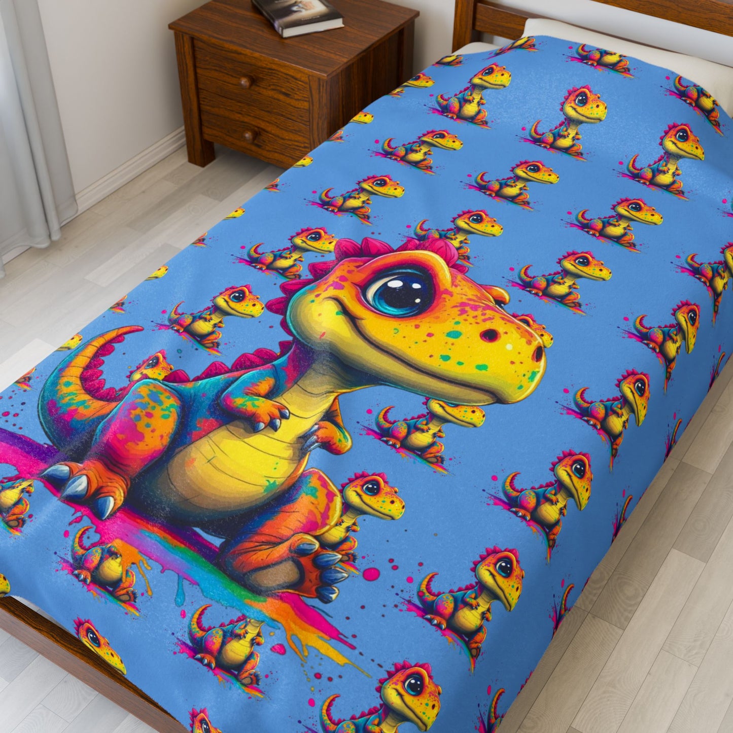 Colorful Dinosaur Velveteen Plush Blanket - Soft & Cozy for Kids