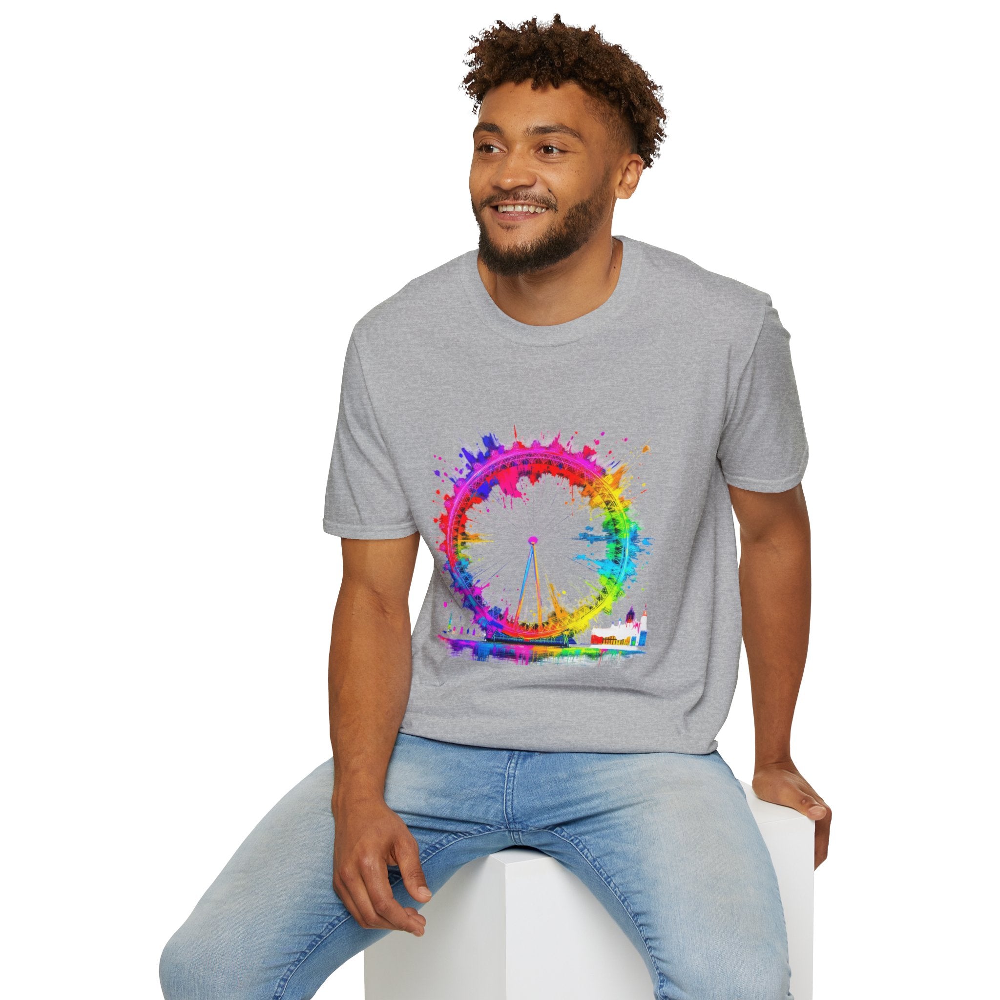 Colorful Watercolor London Eye Unisex Softstyle T-Shirt, Casual Tee, Graphic Shirt, Gift for Travel Lovers, Birthday Gift, Rainbow Art Shirt