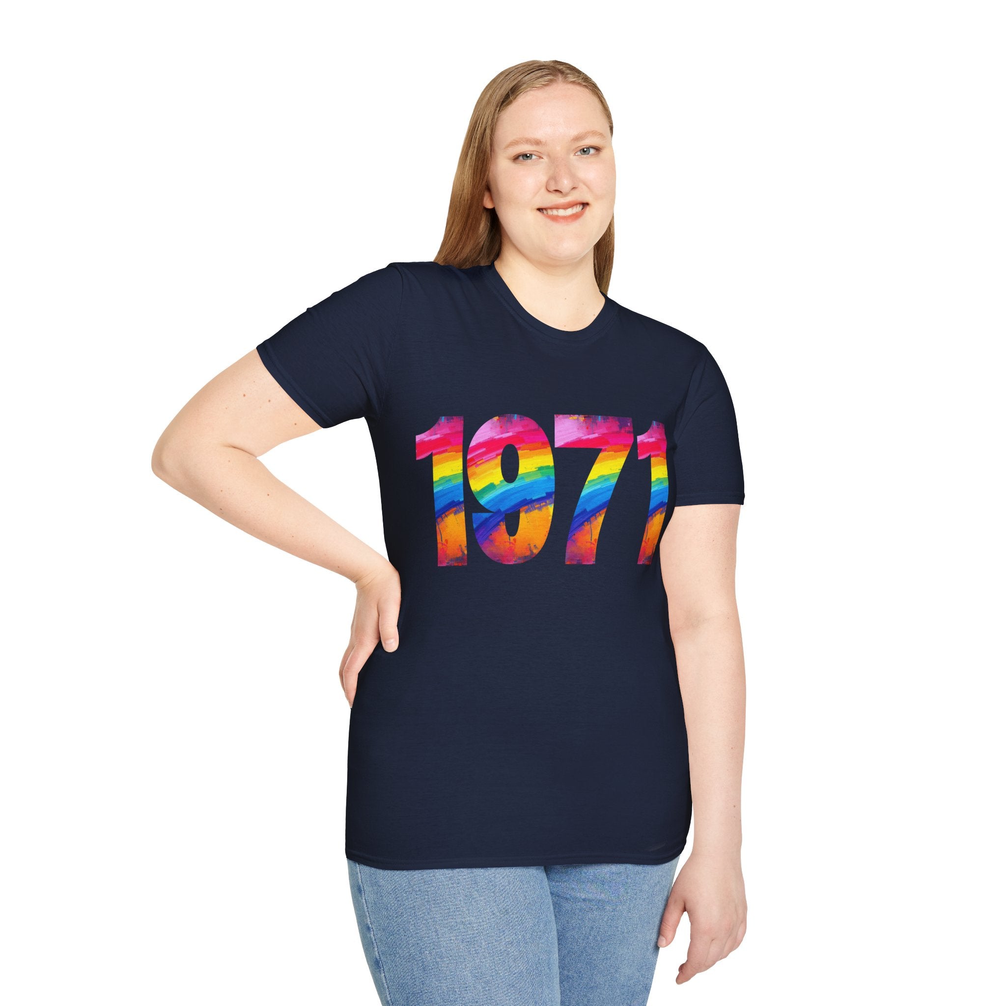 Rainbow Retro 1971 Unisex Softstyle T-Shirt | Colorful Vintage Tee for Pride, Birthdays, Casual Wear, and Everyday Style