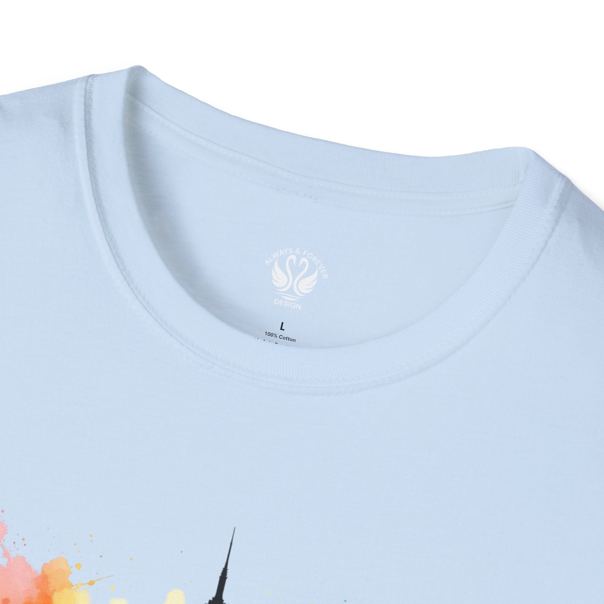 Colorful Skyline Unisex Softstyle T-Shirt | Urban Vibe Shirt | Gift for City Lovers | Summer Fashion | Streetwear