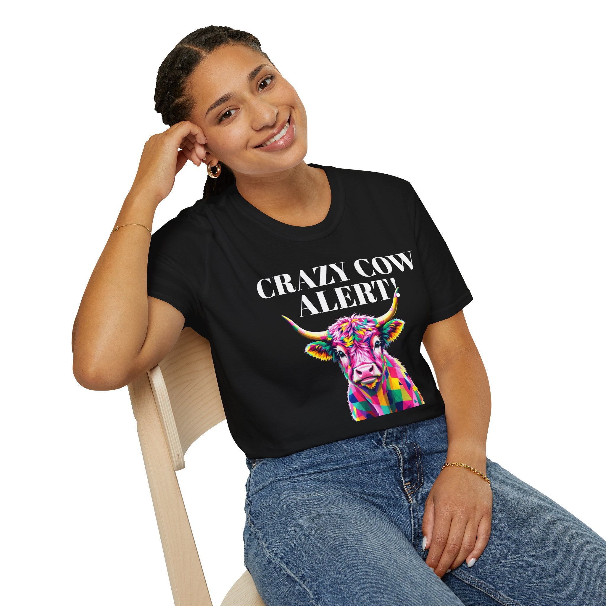 Colorful Cow Alert T-Shirt, Funny Cow Tee, Animal Lover Gift, Quirky Casual Wear, Farm Animal Shirt, Unique Graphic Tee