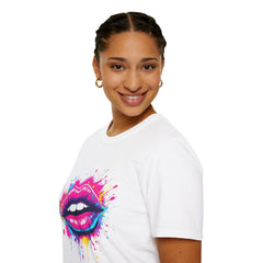 Vibrant Lip Art T-Shirt, Trendy Graphic Tee, Unisex Softstyle Shirt, Funky Fashion Top, Gift for Her, Party Wear, Summer Apparel