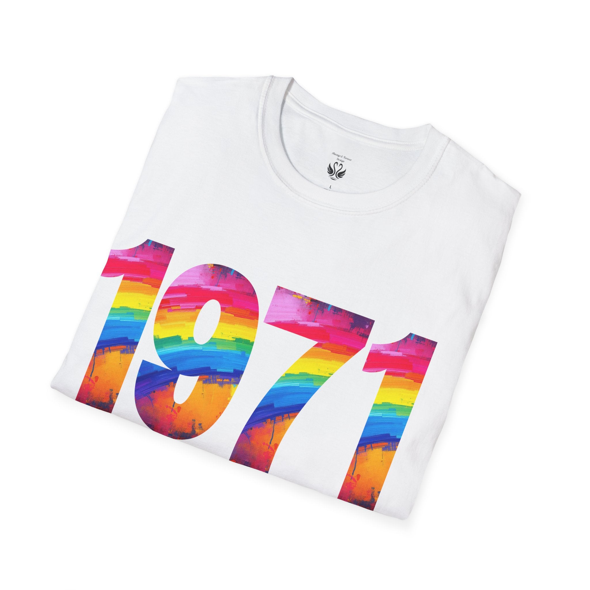 Rainbow Retro 1971 Unisex Softstyle T-Shirt | Colorful Vintage Tee for Pride, Birthdays, Casual Wear, and Everyday Style