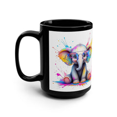 Colorful Elephant Illustration Black Mug - 15oz Artistic Coffee Cup