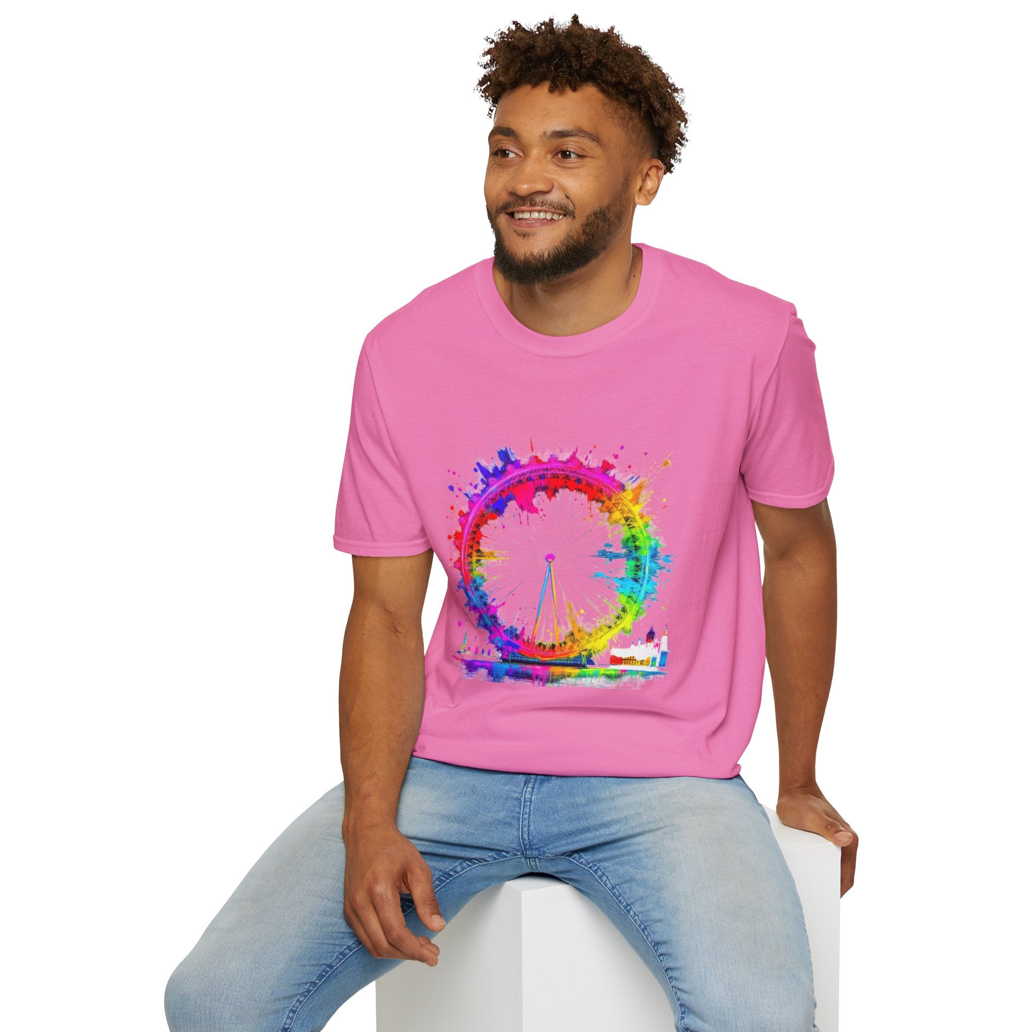 Colorful Watercolor London Eye Unisex Softstyle T-Shirt, Casual Tee, Graphic Shirt, Gift for Travel Lovers, Birthday Gift, Rainbow Art Shirt
