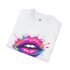 Vibrant Lip Art T-Shirt, Trendy Graphic Tee, Unisex Softstyle Shirt, Funky Fashion Top, Gift for Her, Party Wear, Summer Apparel