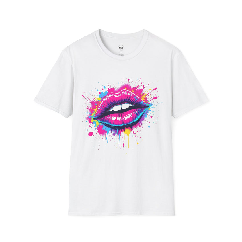 Vibrant Lip Art T-Shirt, Trendy Graphic Tee, Unisex Softstyle Shirt, Funky Fashion Top, Gift for Her, Party Wear, Summer Apparel