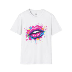 Vibrant Lip Art T-Shirt, Trendy Graphic Tee, Unisex Softstyle Shirt, Funky Fashion Top, Gift for Her, Party Wear, Summer Apparel