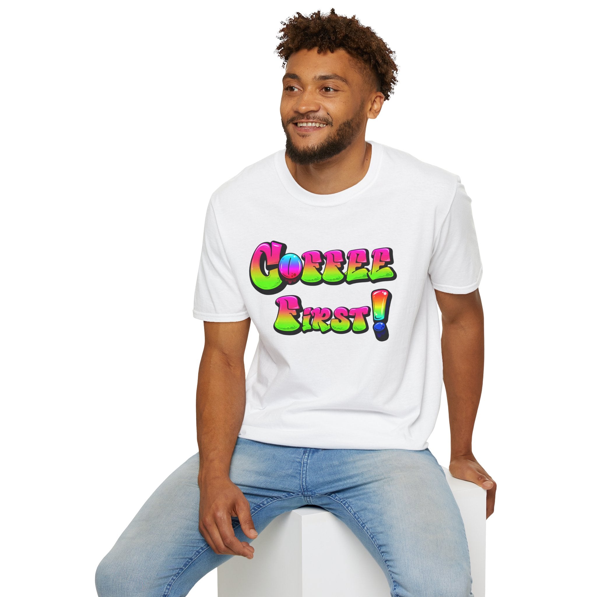 Coffee First Unisex Softstyle T-Shirt, Funny Graphic Tee, Gift for Coffee Lovers, Casual Wear, Perfect for Birthdays, Everyday Comfort