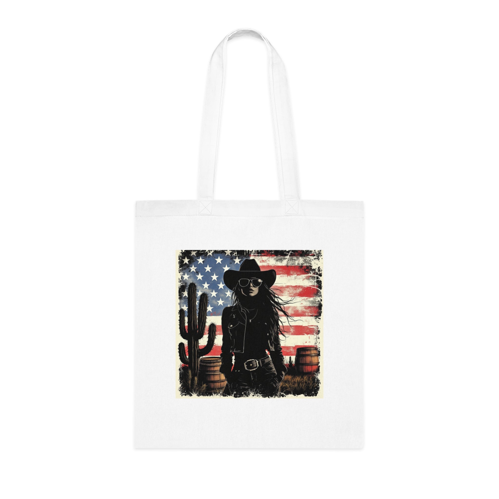 Western Cowboy Cotton Tote Bag, Bohemian Style Tote, USA Flag Design, Festival Accessory, Eco-Friendly Shopper