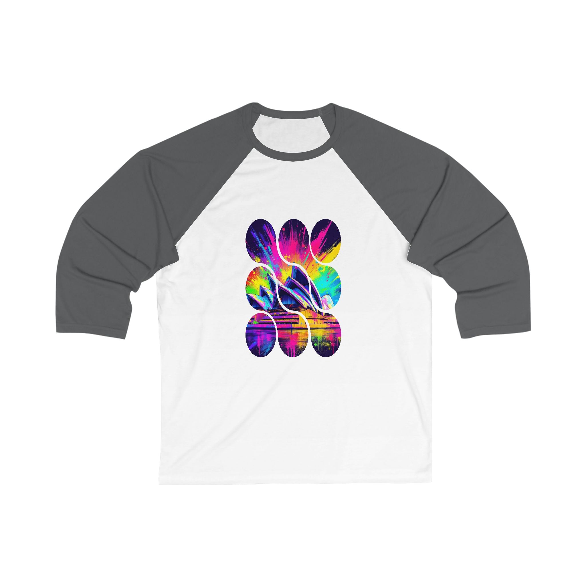 Vibrant Sydney Opera Baseball Tee - Unisex 3/4 Sleeve T-Shirt, Casual Wear, Sports Tee, Gift for Music Lovers, Vintage Inspired Apparel