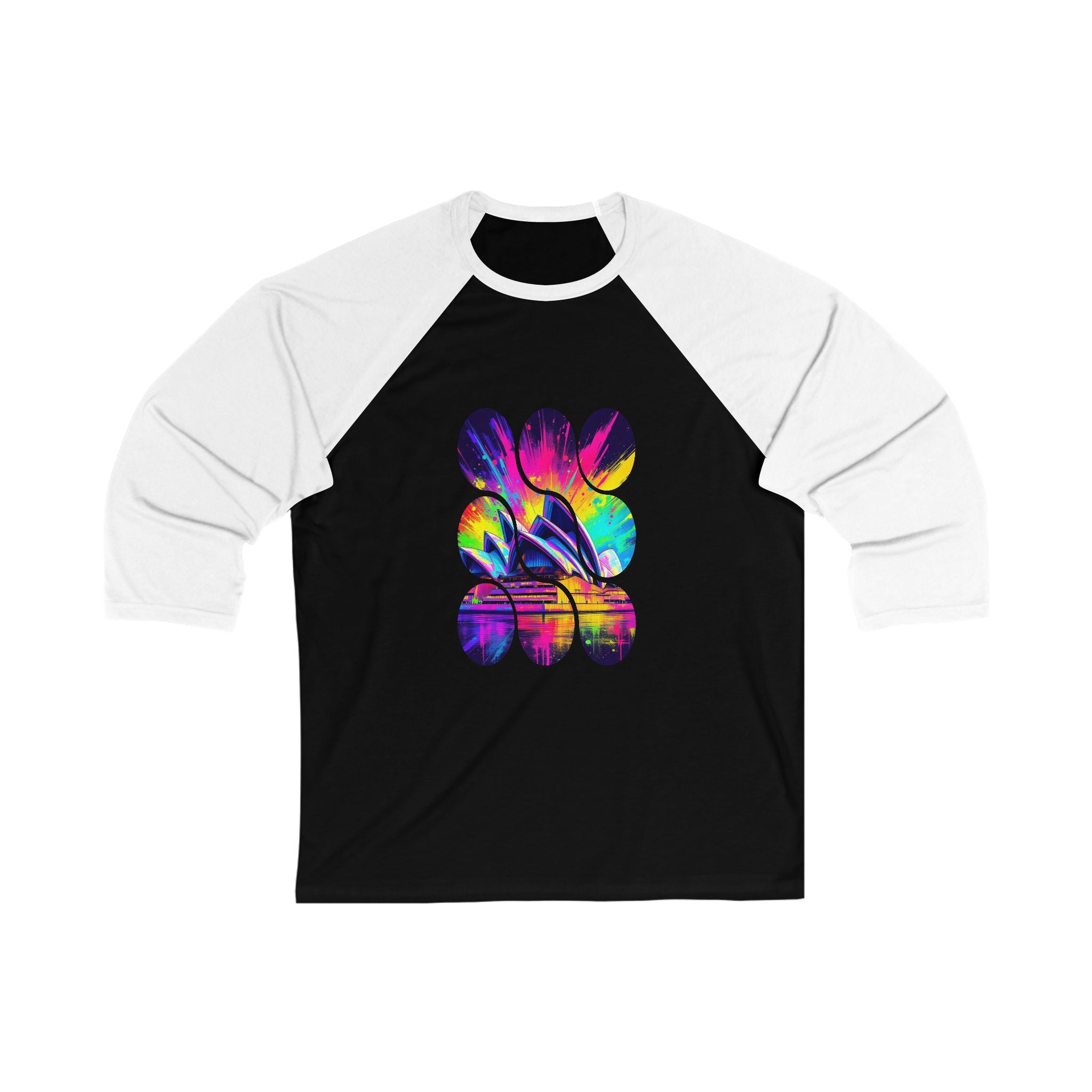 Vibrant Sydney Opera Baseball Tee - Unisex 3/4 Sleeve T-Shirt, Casual Wear, Sports Tee, Gift for Music Lovers, Vintage Inspired Apparel