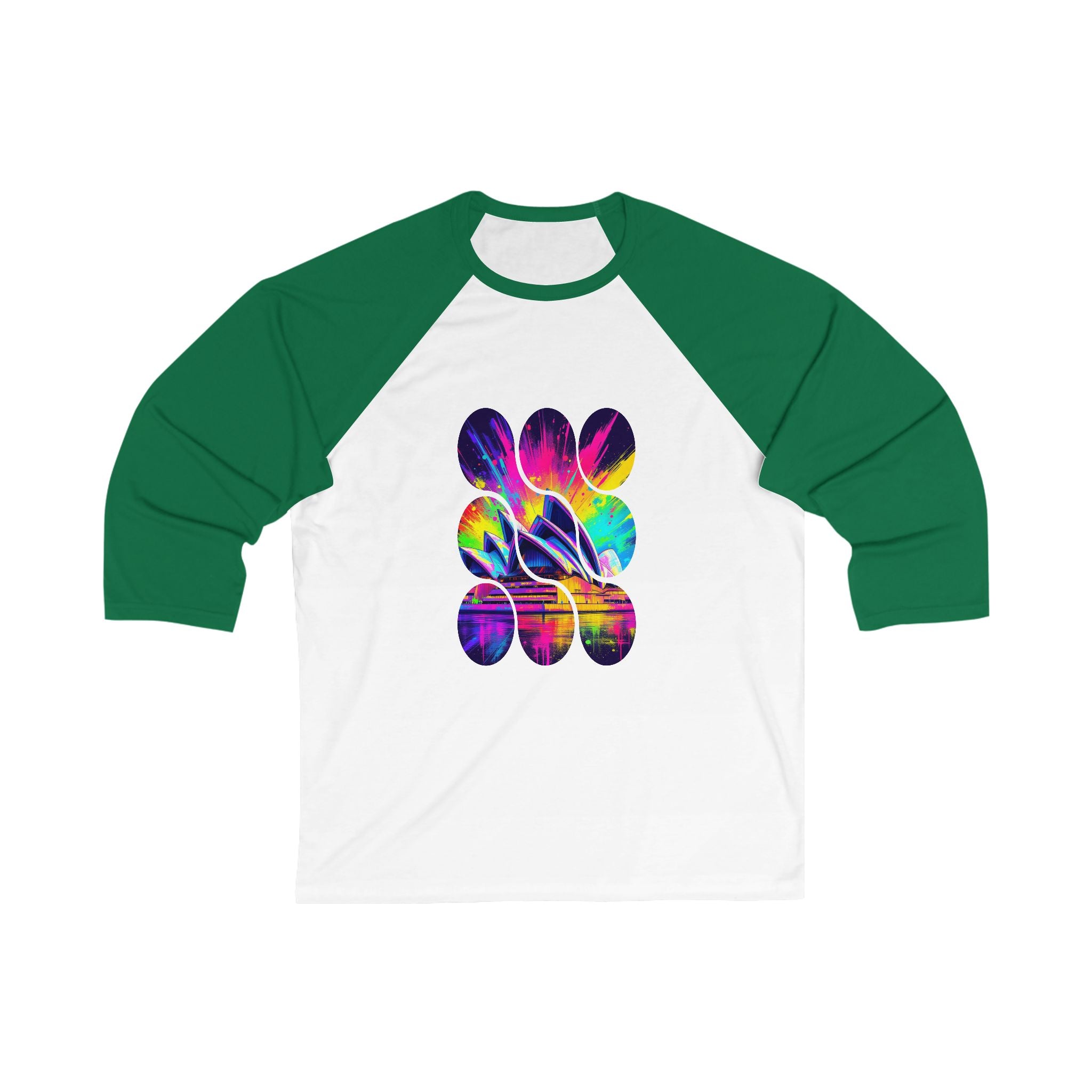 Vibrant Sydney Opera Baseball Tee - Unisex 3/4 Sleeve T-Shirt, Casual Wear, Sports Tee, Gift for Music Lovers, Vintage Inspired Apparel