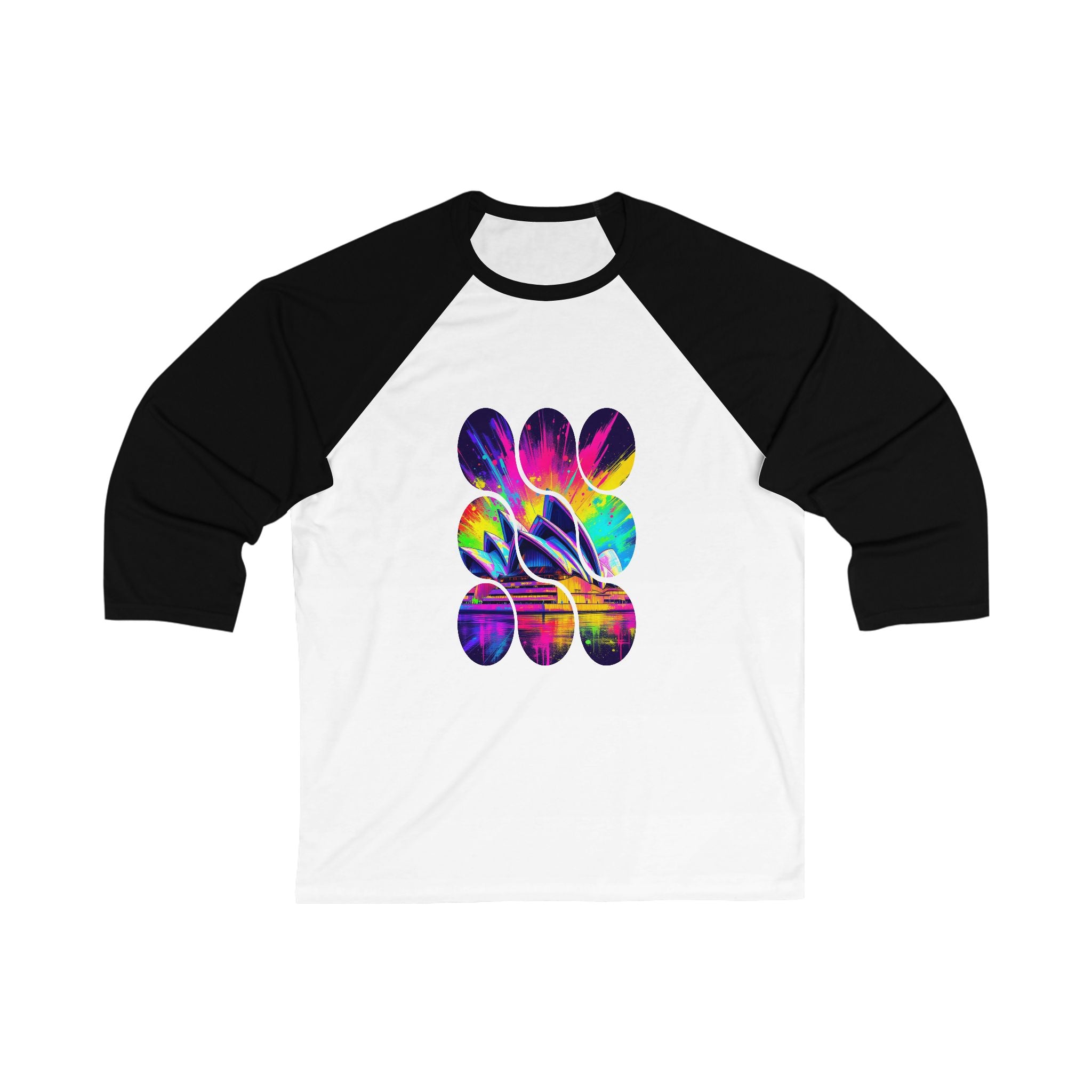 Vibrant Sydney Opera Baseball Tee - Unisex 3/4 Sleeve T-Shirt, Casual Wear, Sports Tee, Gift for Music Lovers, Vintage Inspired Apparel
