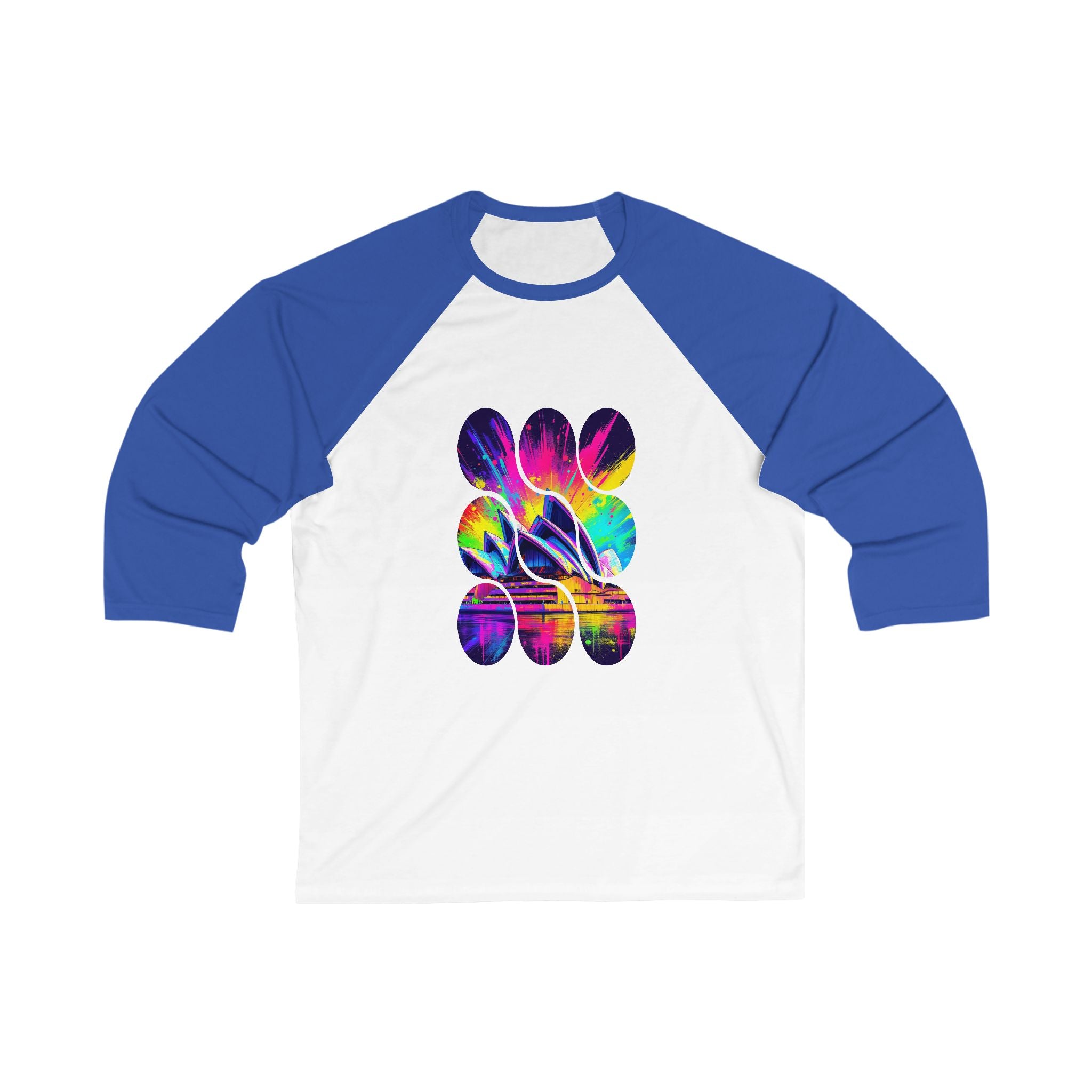 Vibrant Sydney Opera Baseball Tee - Unisex 3/4 Sleeve T-Shirt, Casual Wear, Sports Tee, Gift for Music Lovers, Vintage Inspired Apparel