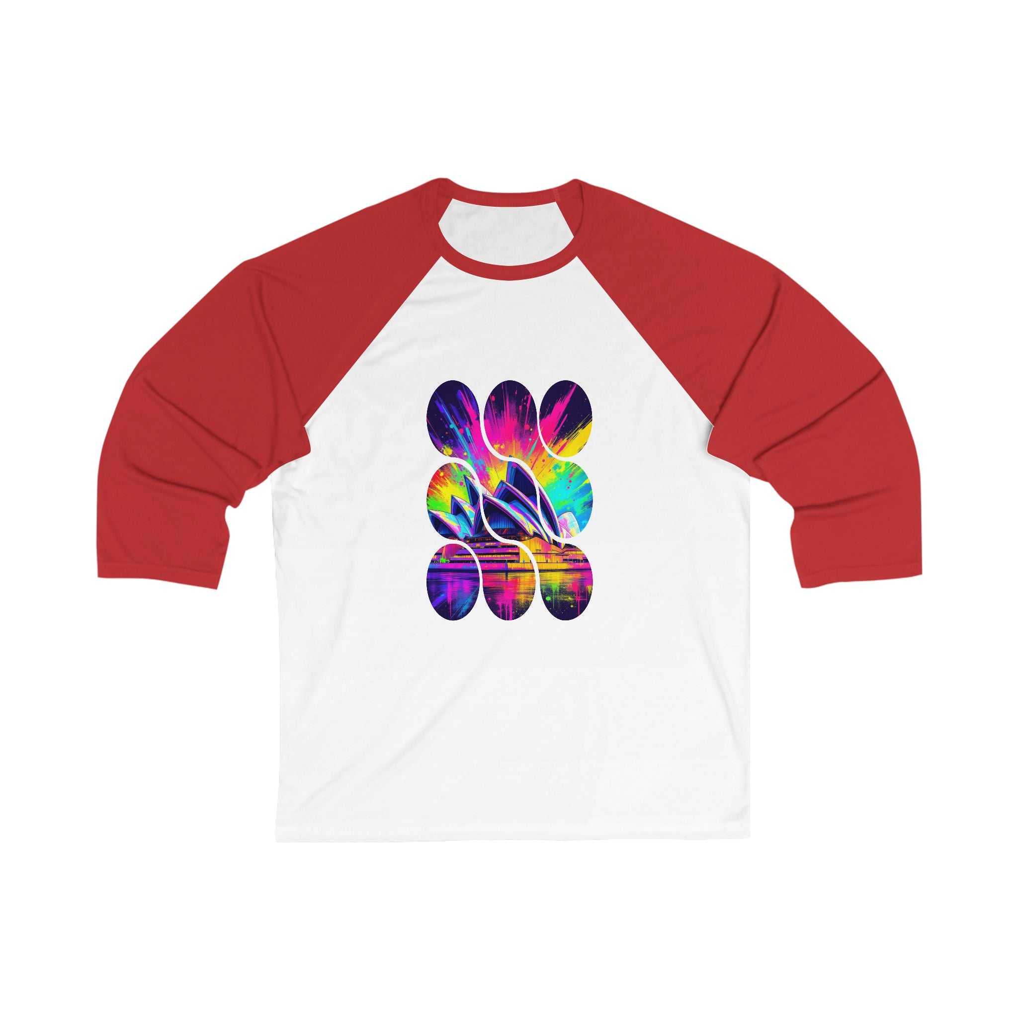 Vibrant Sydney Opera Baseball Tee - Unisex 3/4 Sleeve T-Shirt, Casual Wear, Sports Tee, Gift for Music Lovers, Vintage Inspired Apparel