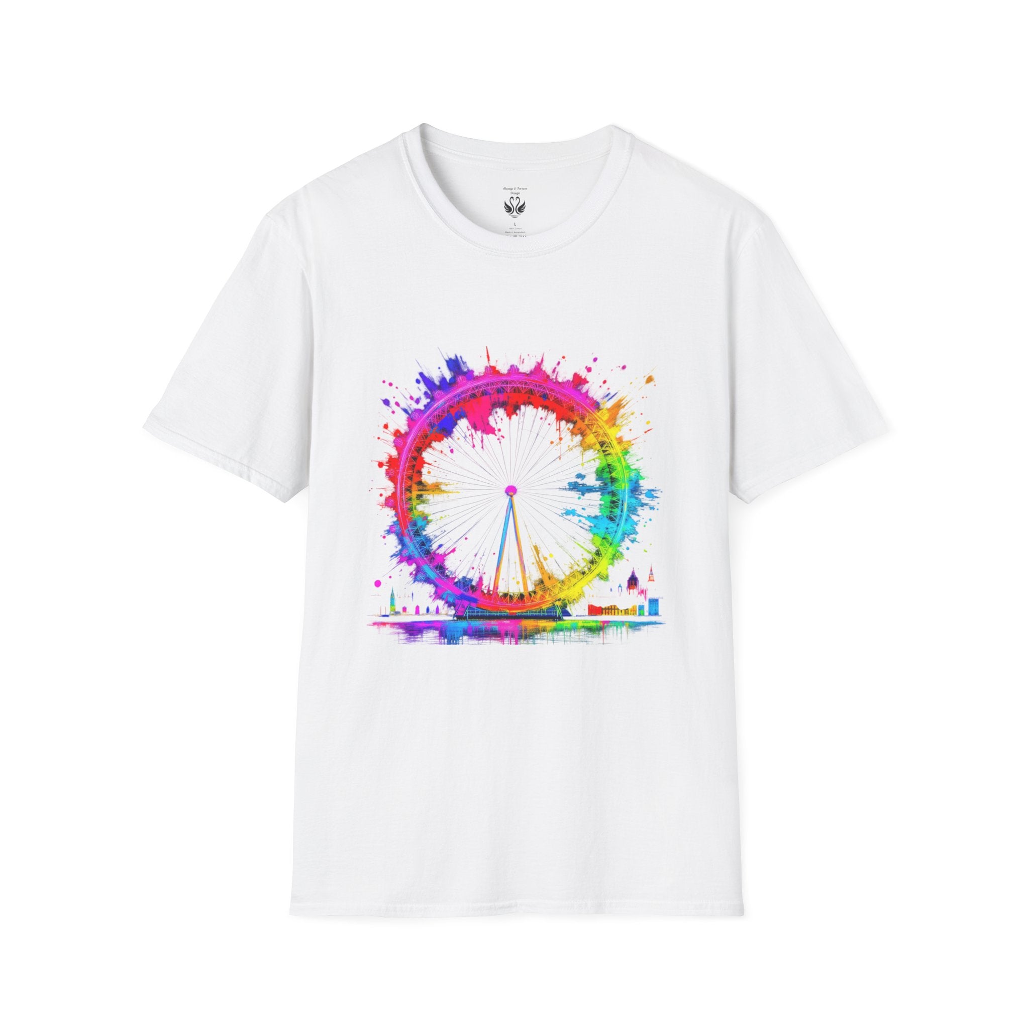 Colorful Watercolor London Eye Unisex Softstyle T-Shirt, Casual Tee, Graphic Shirt, Gift for Travel Lovers, Birthday Gift, Rainbow Art Shirt