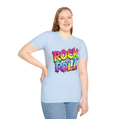 Colorful Rock & Roll Unisex Softstyle T-Shirt, Retro Tee, Music Lover Gift, Festival Wear, Rock Concert Apparel, Unisex Graphic Tee