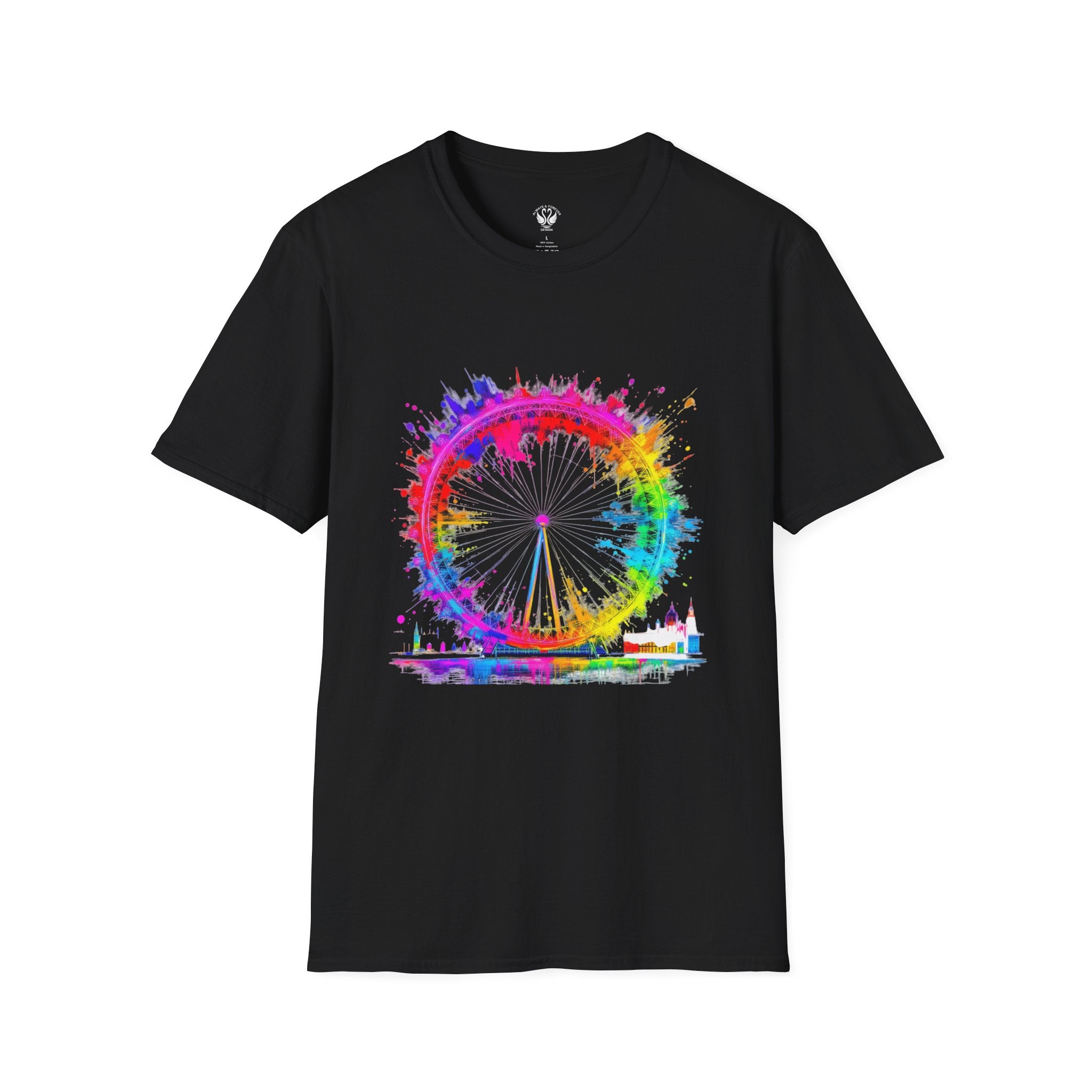 Colorful Watercolor London Eye Unisex Softstyle T-Shirt, Casual Tee, Graphic Shirt, Gift for Travel Lovers, Birthday Gift, Rainbow Art Shirt