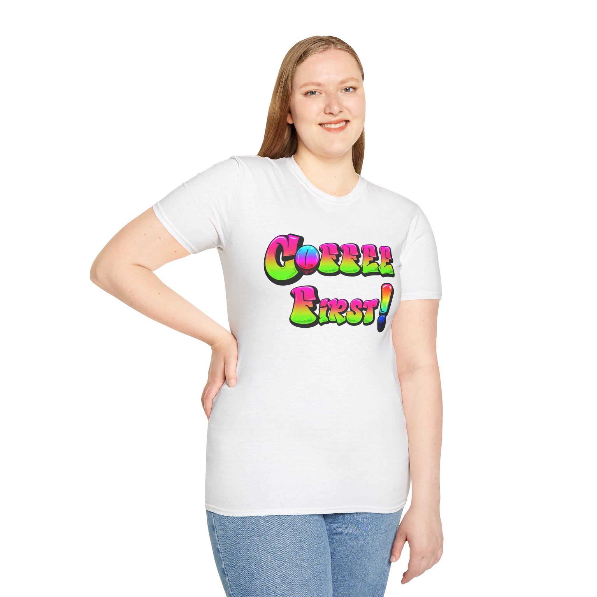 Coffee First Unisex Softstyle T-Shirt, Funny Graphic Tee, Gift for Coffee Lovers, Casual Wear, Perfect for Birthdays, Everyday Comfort