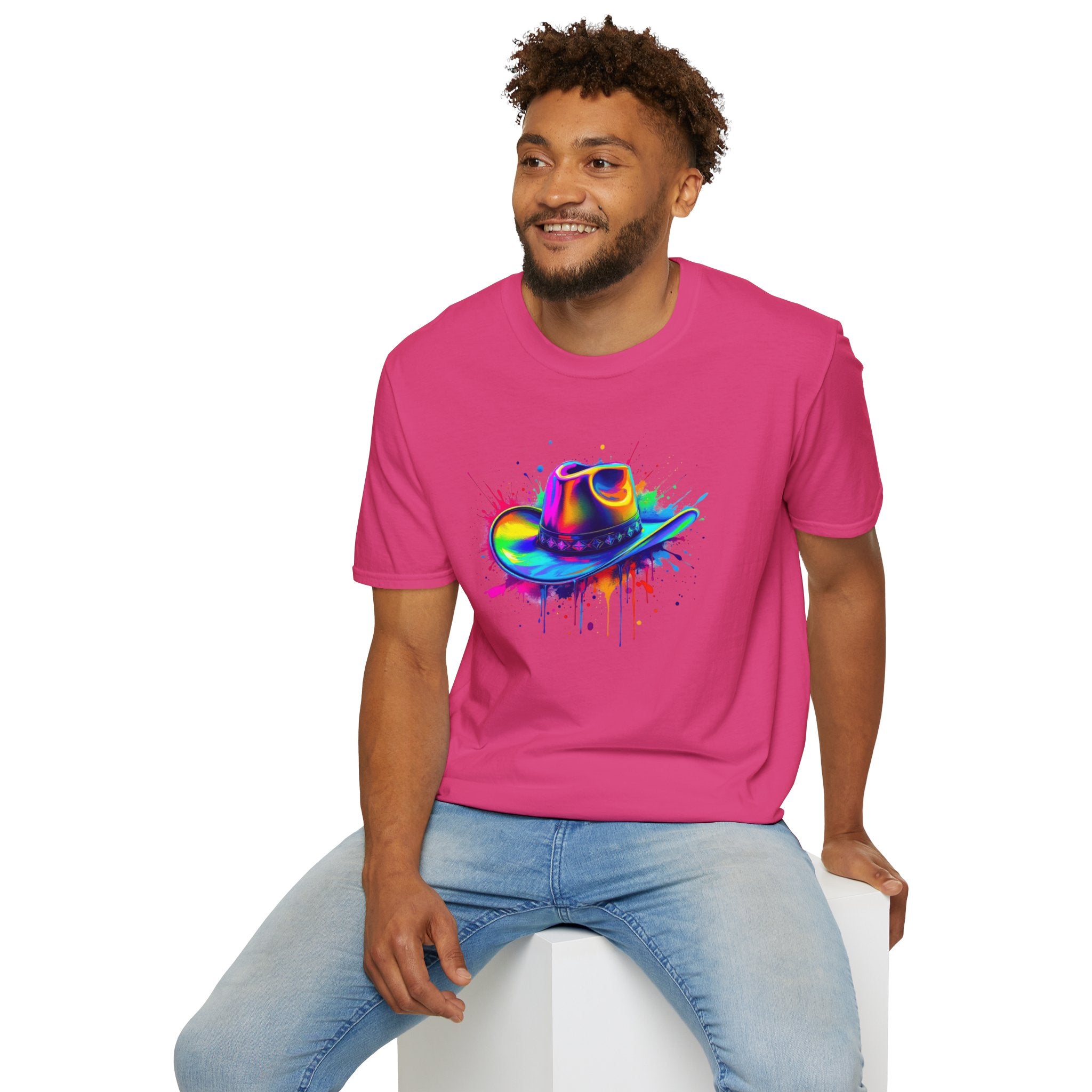 Colourful Cowboy Hat Unisex T-Shirt, Fun Graphic Tee, Festival Wear, Summer Celebration Shirt, LGBTQ Pride Apparel, Gift for Friends