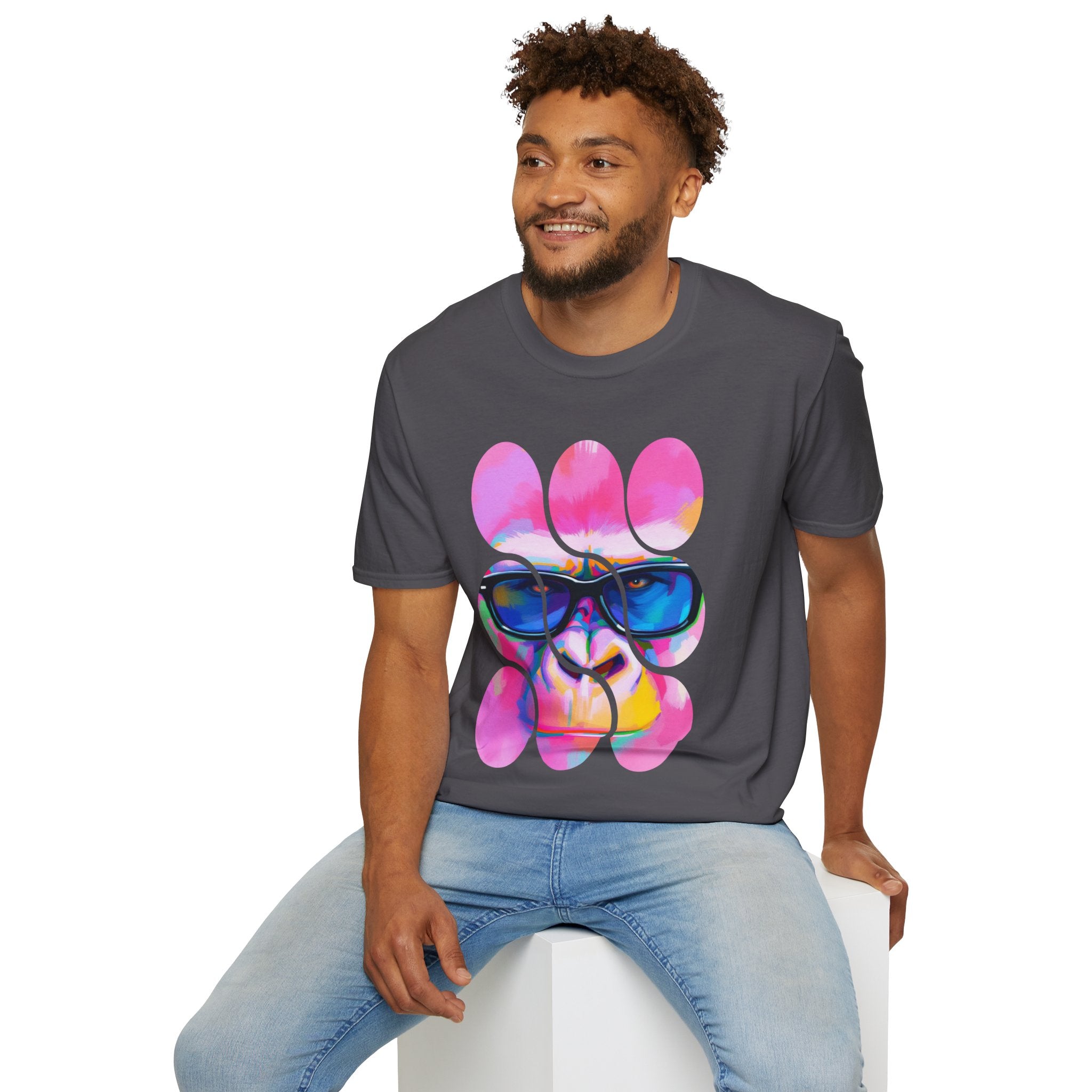Vibrant Gorilla Graphic Tee, Unisex Softstyle T-Shirt, Funky Apparel, Casual Wear, Gift for Animal Lovers, Summer Collection