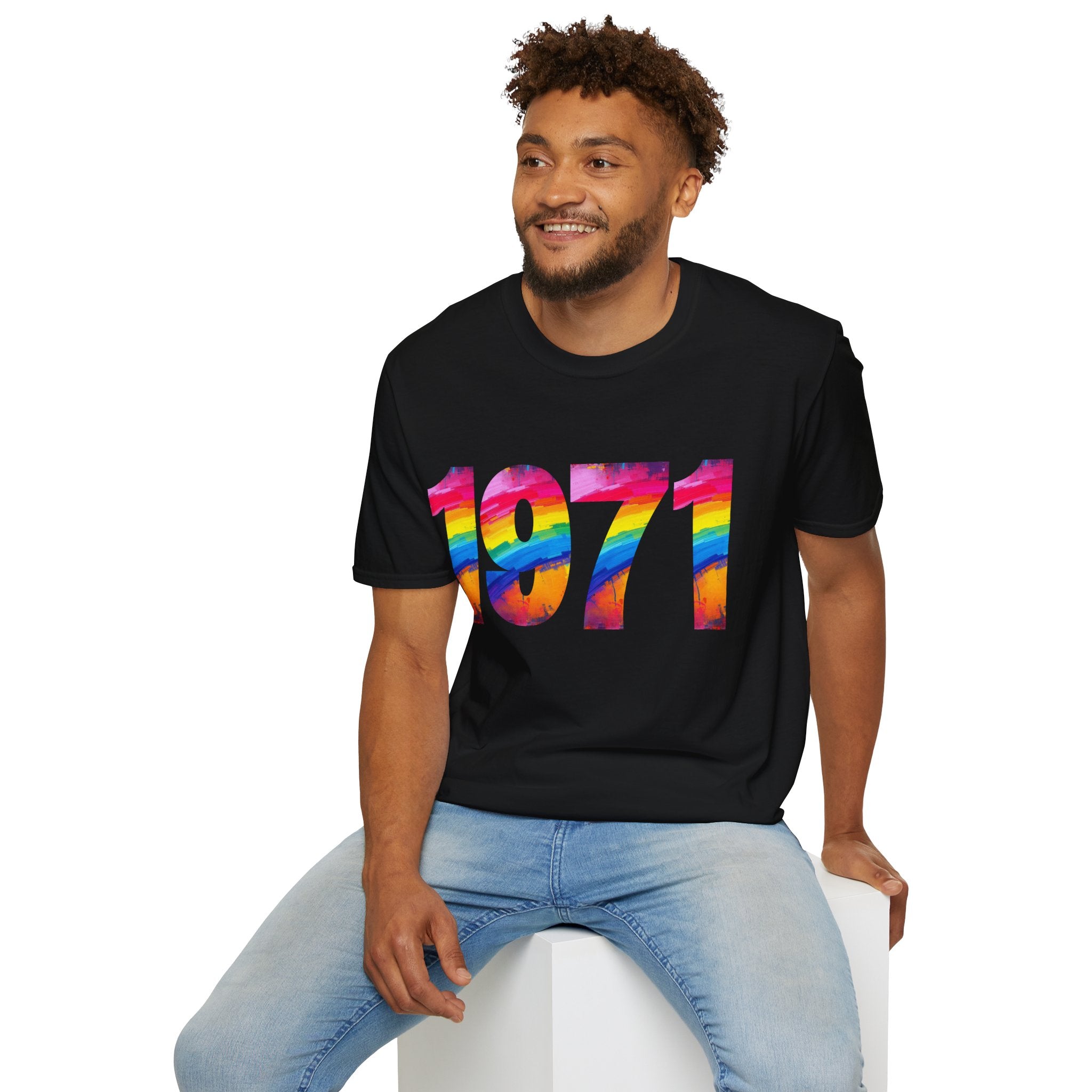 Rainbow Retro 1971 Unisex Softstyle T-Shirt | Colorful Vintage Tee for Pride, Birthdays, Casual Wear, and Everyday Style