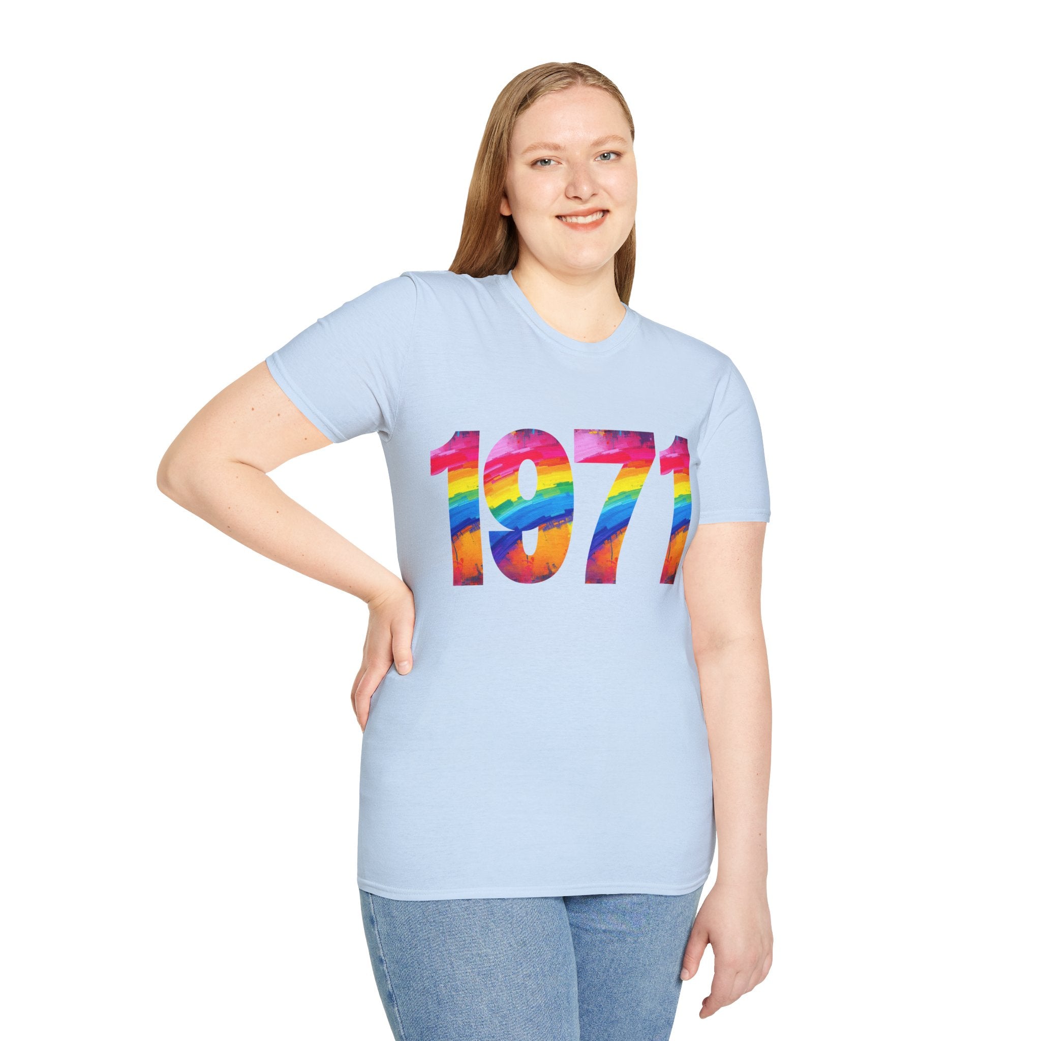 Rainbow Retro 1971 Unisex Softstyle T-Shirt | Colorful Vintage Tee for Pride, Birthdays, Casual Wear, and Everyday Style