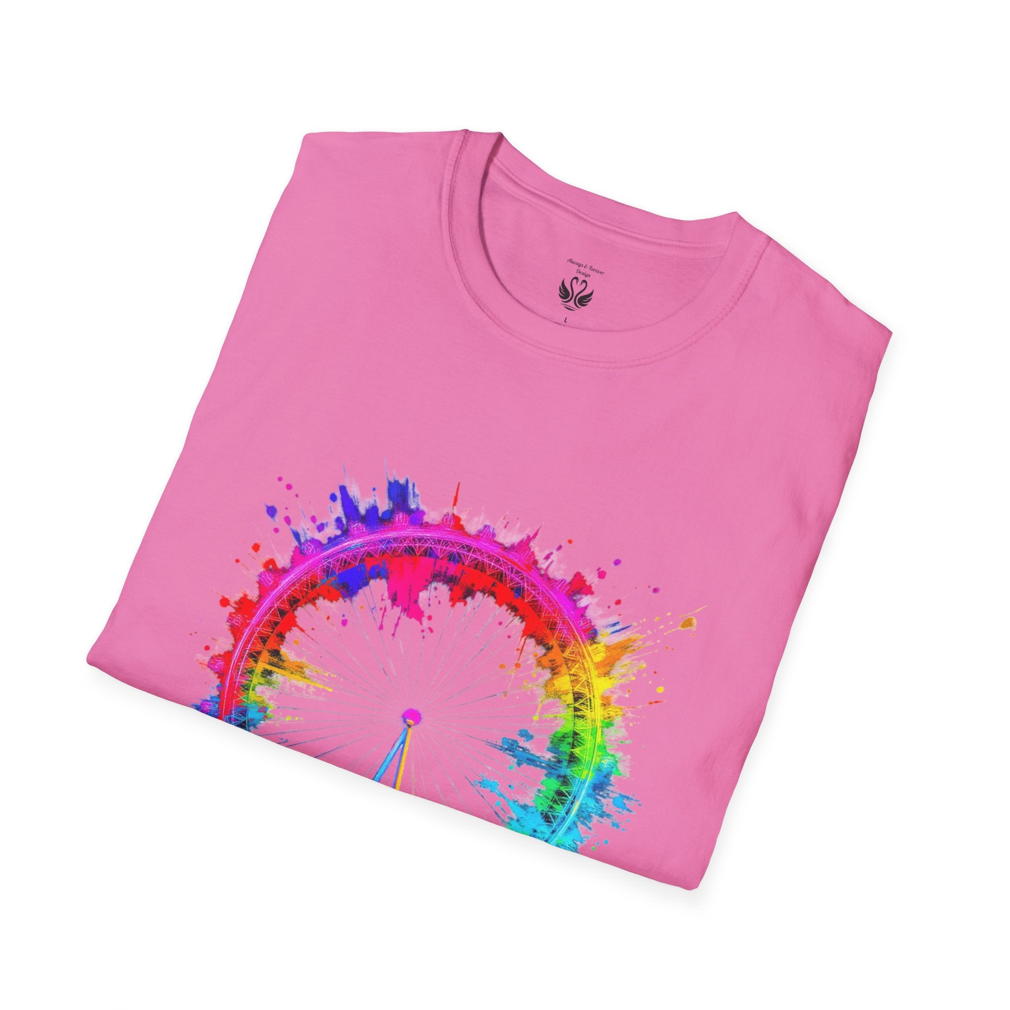 Colorful Watercolor London Eye Unisex Softstyle T-Shirt, Casual Tee, Graphic Shirt, Gift for Travel Lovers, Birthday Gift, Rainbow Art Shirt