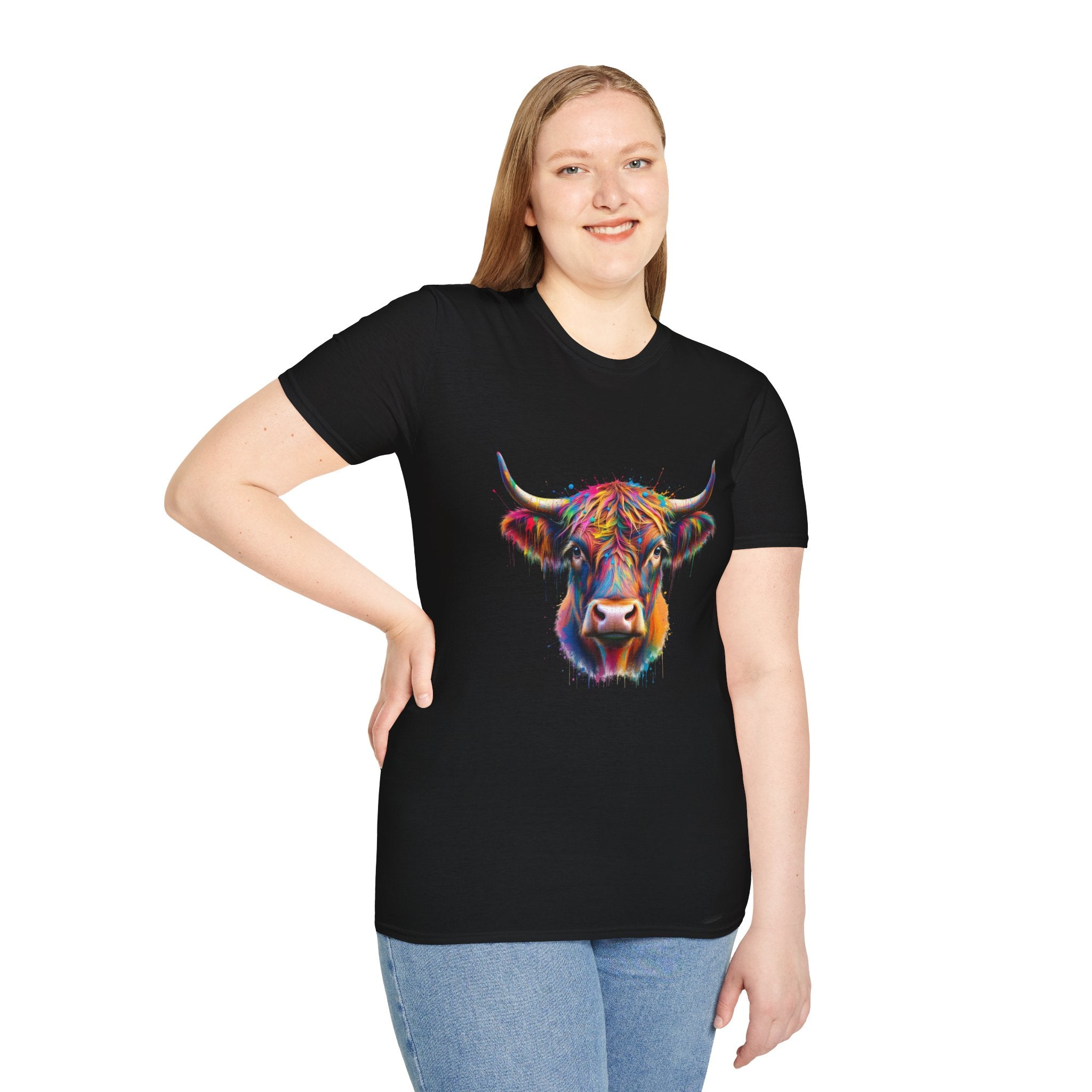 Highland Cow Graphic T-Shirt, Fun Farm Animal Tee, Cute Gift for Cow Lovers, Unisex Softstyle Shirt for Casual Wear