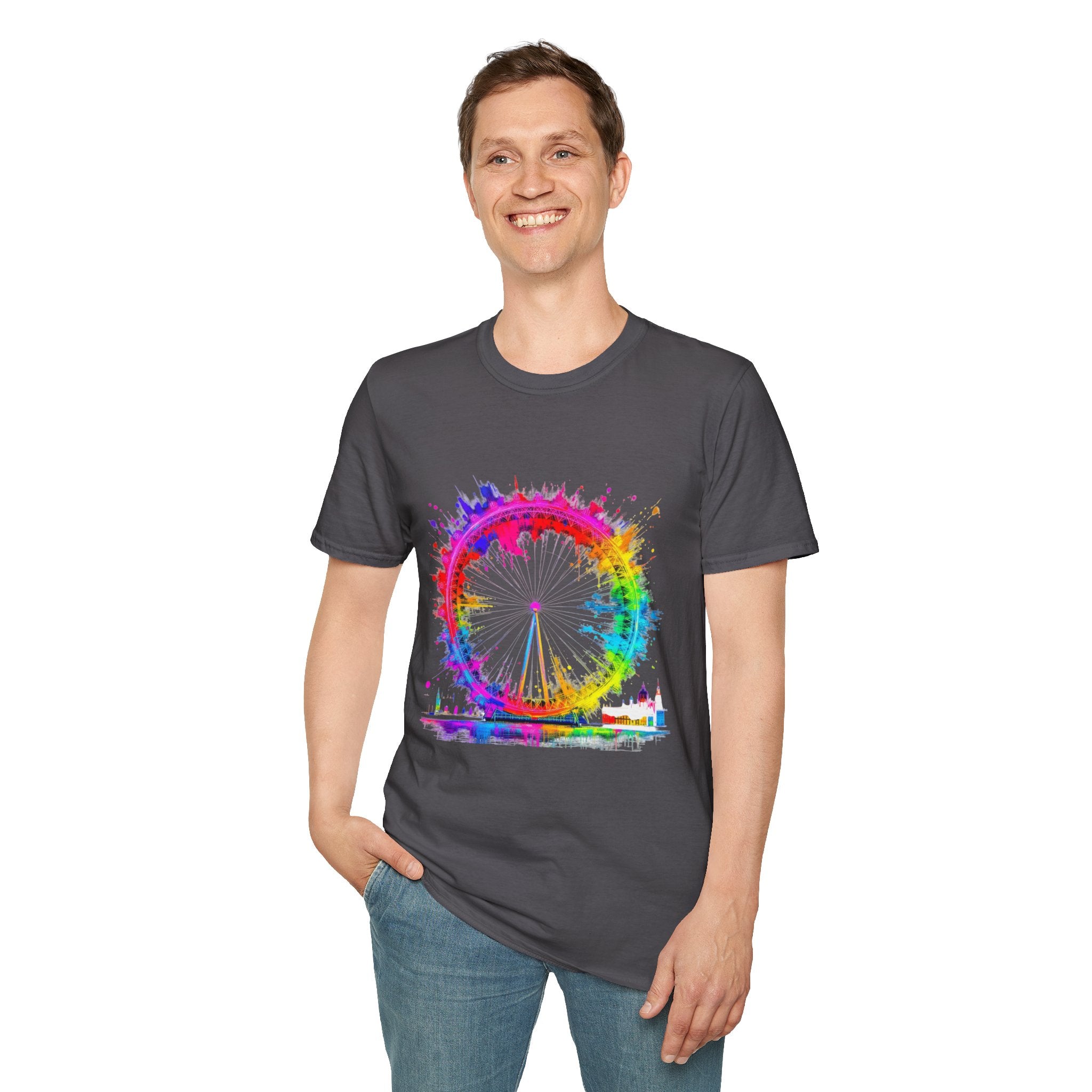 Colorful Watercolor London Eye Unisex Softstyle T-Shirt, Casual Tee, Graphic Shirt, Gift for Travel Lovers, Birthday Gift, Rainbow Art Shirt