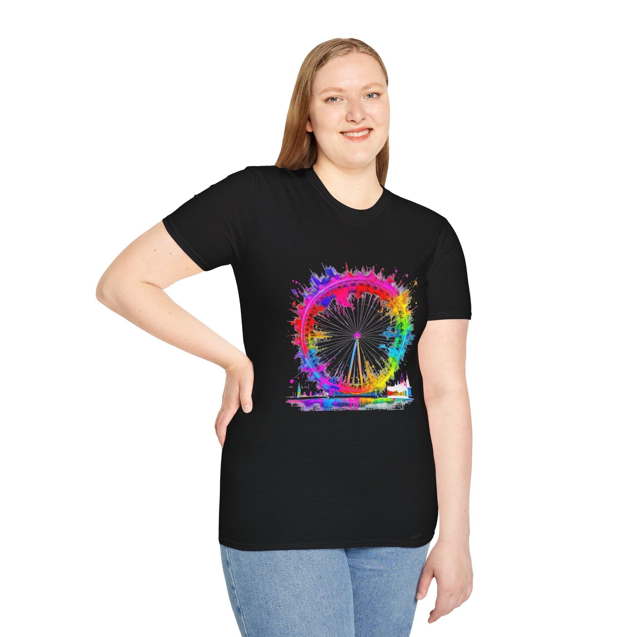 Colorful Watercolor London Eye Unisex Softstyle T-Shirt, Casual Tee, Graphic Shirt, Gift for Travel Lovers, Birthday Gift, Rainbow Art Shirt