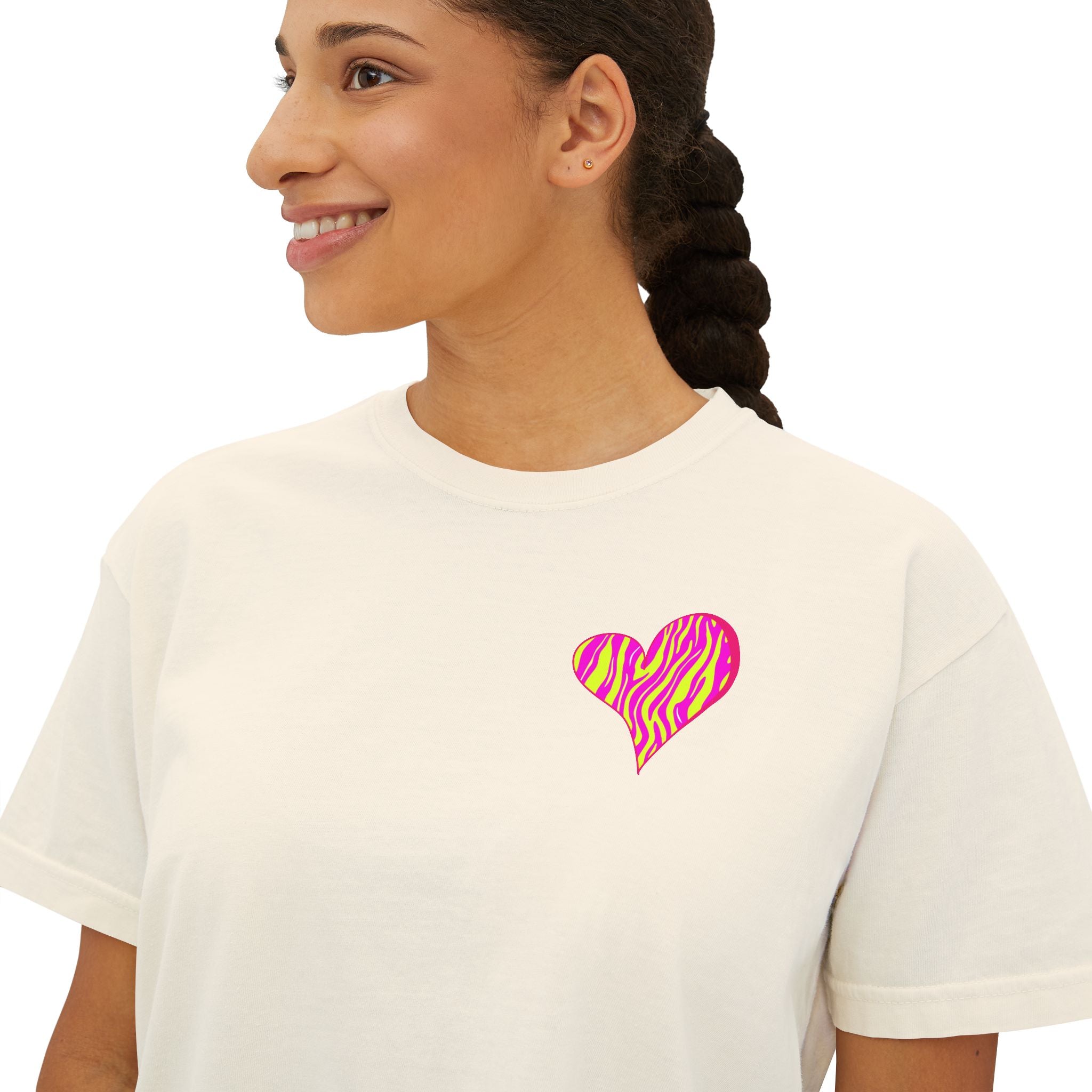 Women's Boxy Tee with Vibrant Heart and Pattern - Casual Summer Top, Gift for Her, Trendy Tee, Everyday Wear, Heart Print Shirt
