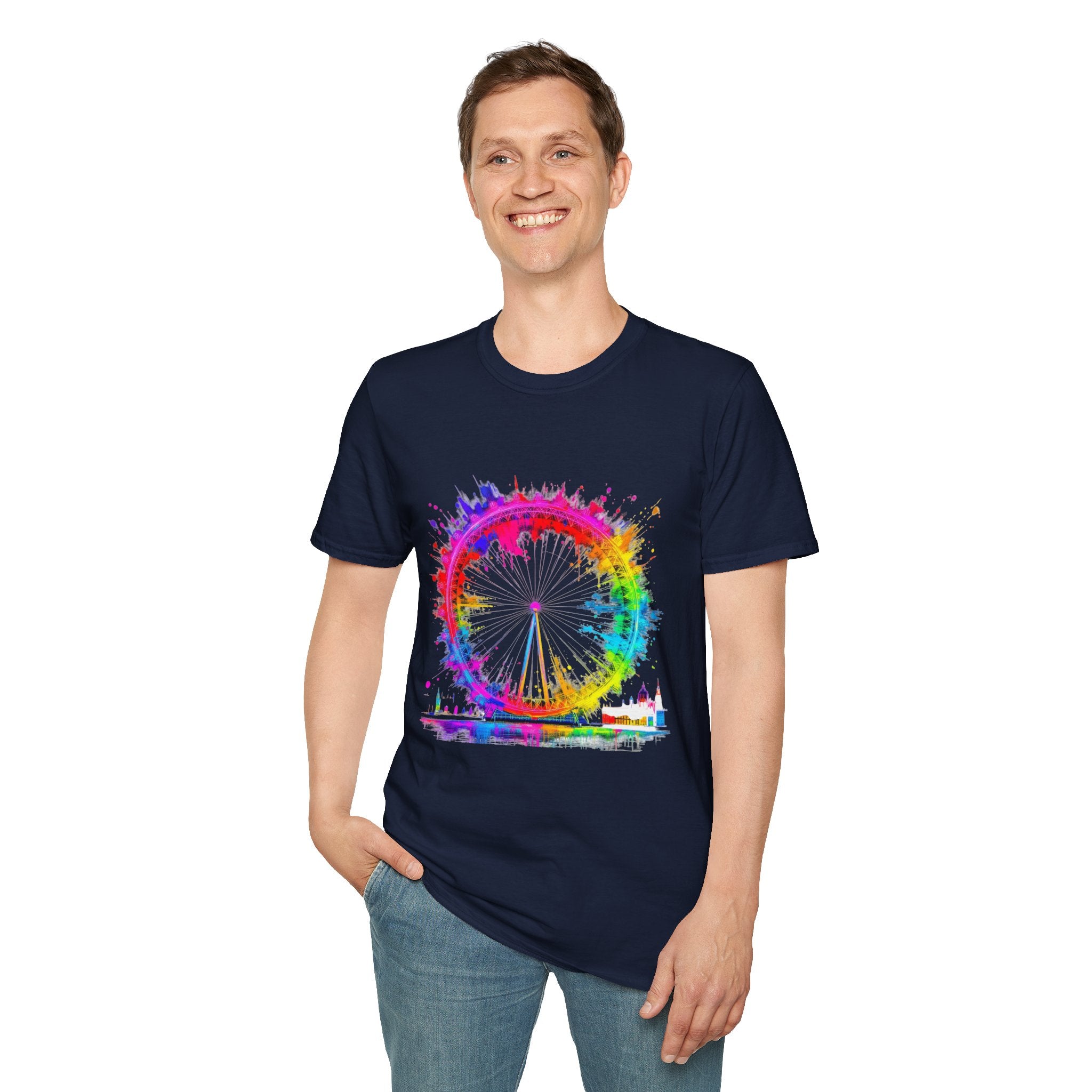 Colorful Watercolor London Eye Unisex Softstyle T-Shirt, Casual Tee, Graphic Shirt, Gift for Travel Lovers, Birthday Gift, Rainbow Art Shirt