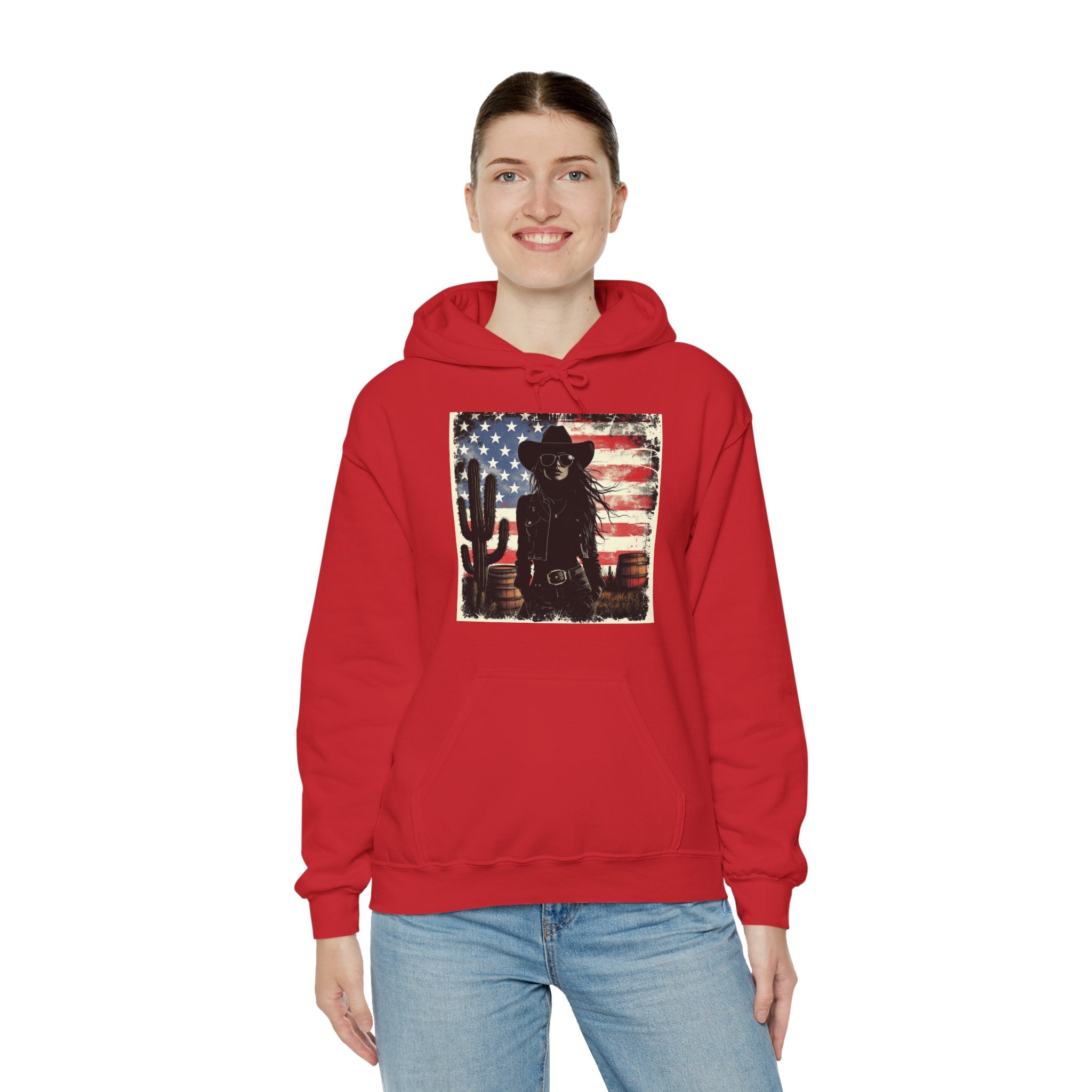 Western Cowboy Hoodie - Unisex Heavy Blend Sweatshirt, American Flag Design, Fashion Statement, Gift for Him, Cozy Apparel