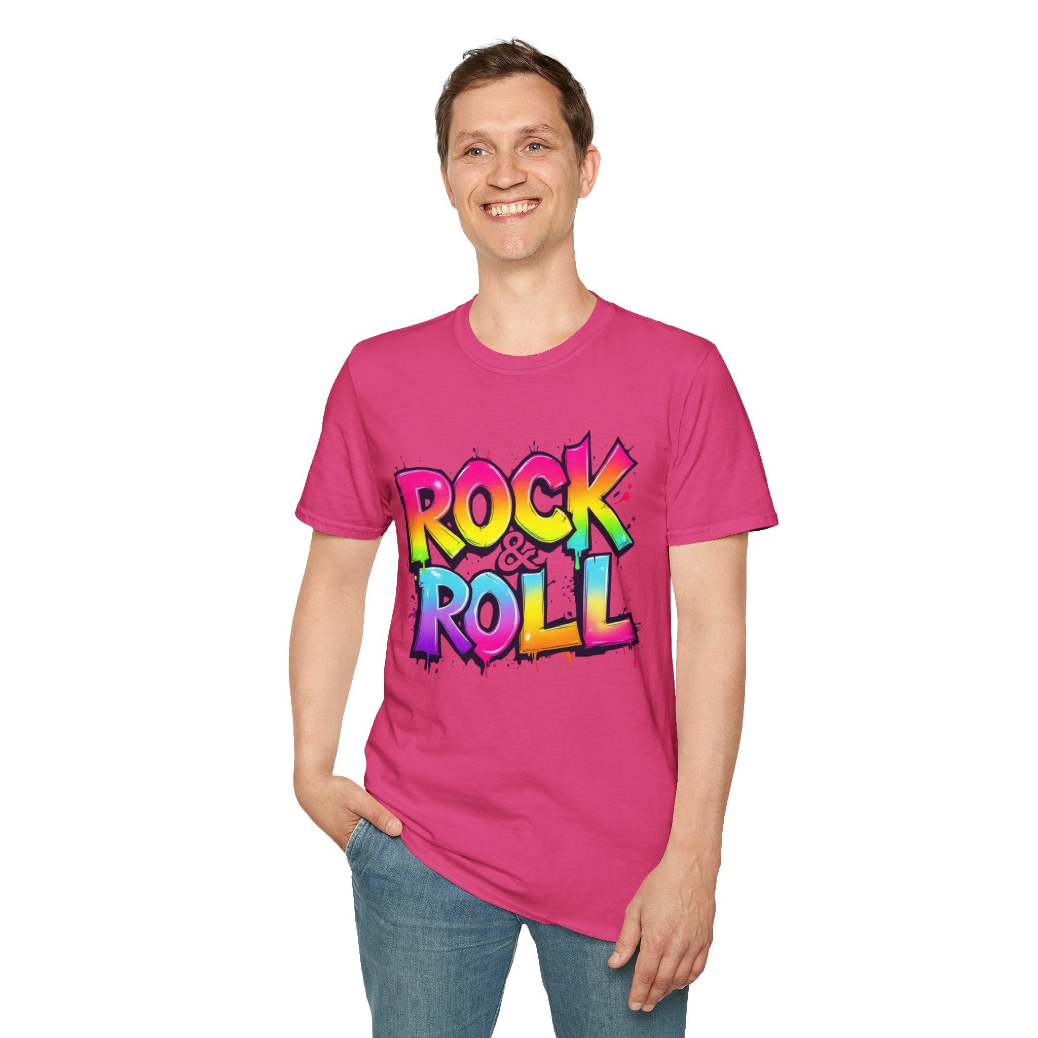 Colorful Rock & Roll Unisex Softstyle T-Shirt, Retro Tee, Music Lover Gift, Festival Wear, Rock Concert Apparel, Unisex Graphic Tee