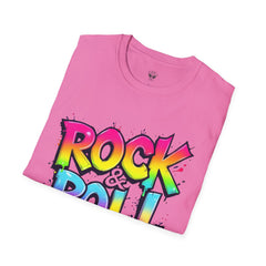 Colorful Rock & Roll Unisex Softstyle T-Shirt, Retro Tee, Music Lover Gift, Festival Wear, Rock Concert Apparel, Unisex Graphic Tee