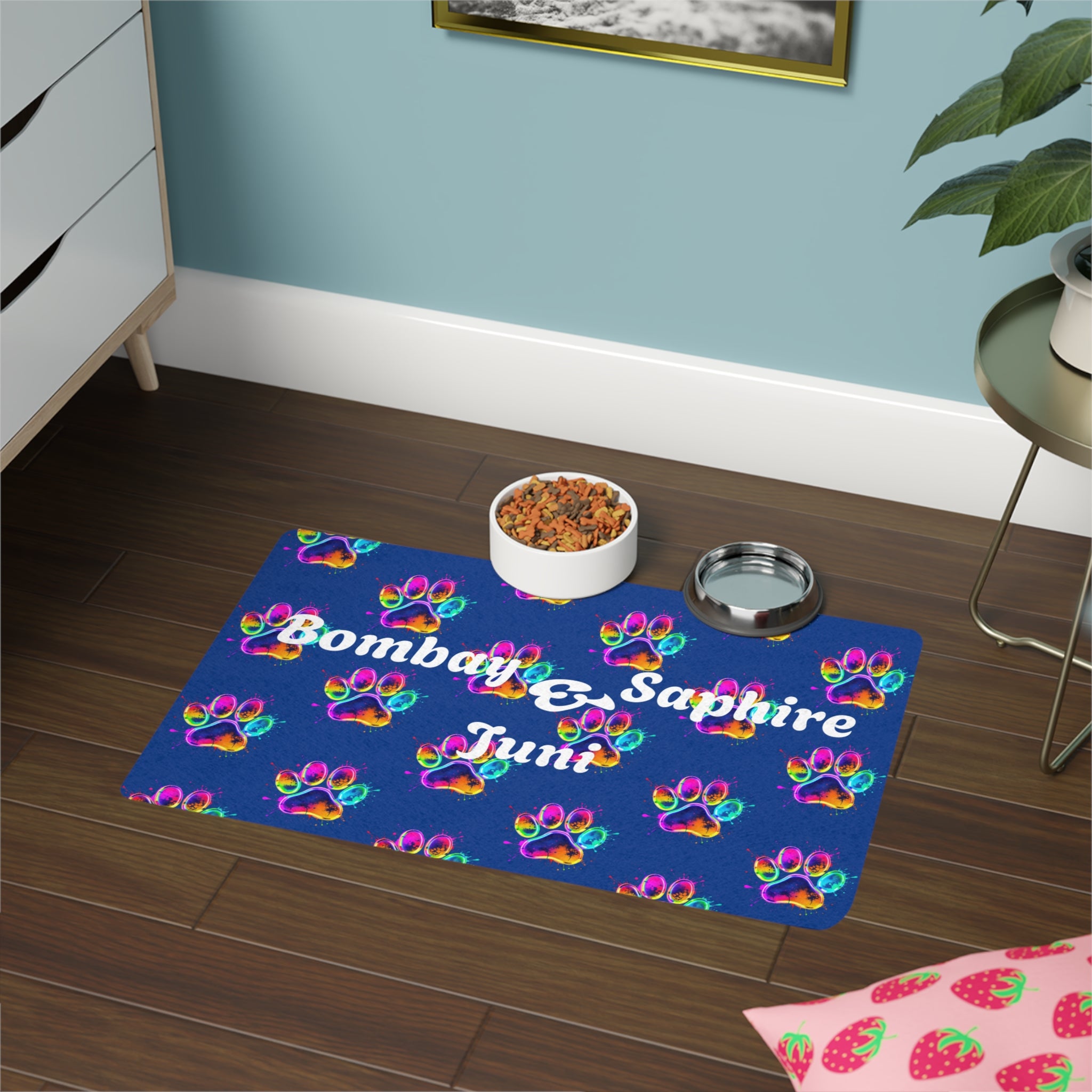 Colorful Pet Food Mat with Paw Print, Custom Pet Mat, Dog Dish Mat, Cat Food Tray, Pet Accessories for Home, Animal Lover Gift