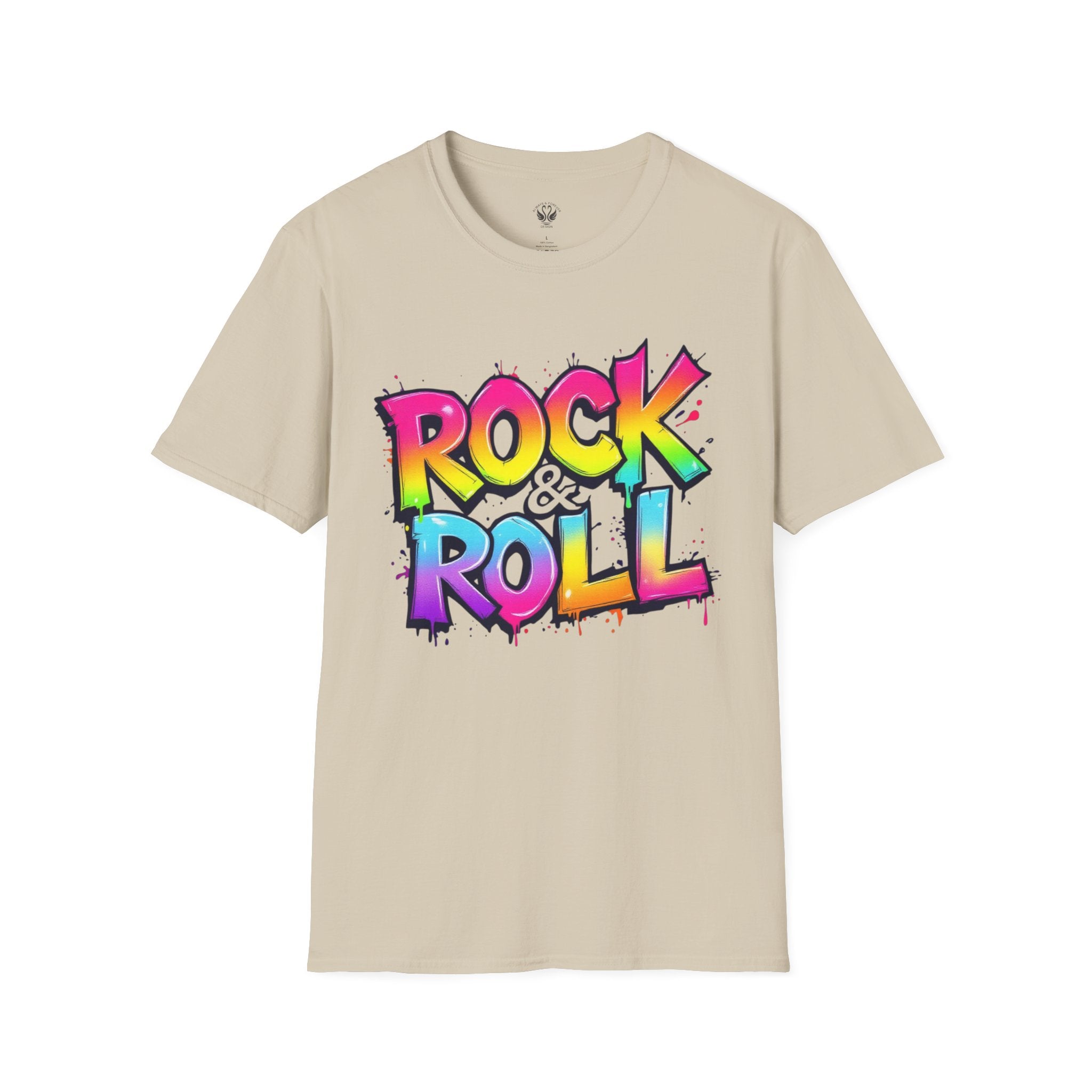 Colorful Rock & Roll Unisex Softstyle T-Shirt, Retro Tee, Music Lover Gift, Festival Wear, Rock Concert Apparel, Unisex Graphic Tee